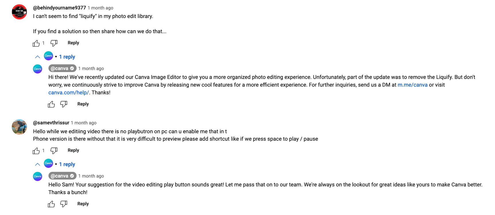 comments on Canva's YouTube videos showing the brand responding to the comments