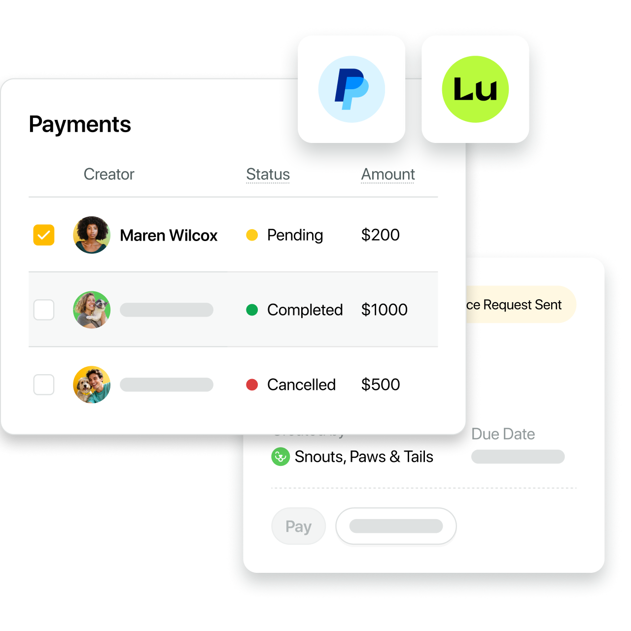 Sprout Social payments dashboard showing creator payout statuses and integration icons for PayPal, Stripe and Lumanu.