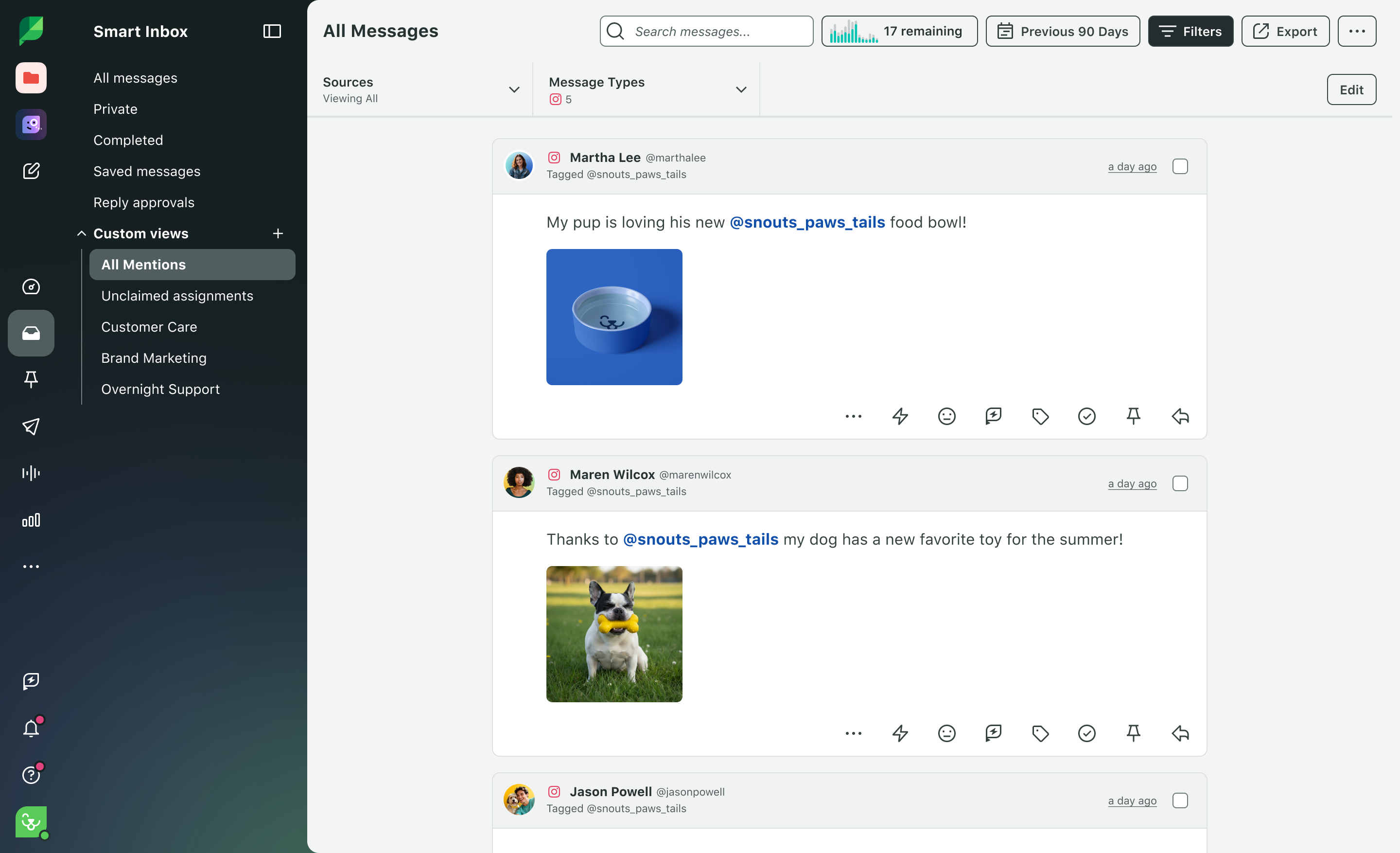 The Sprout Smart Inbox with a filter applied so only @mentions are visible.