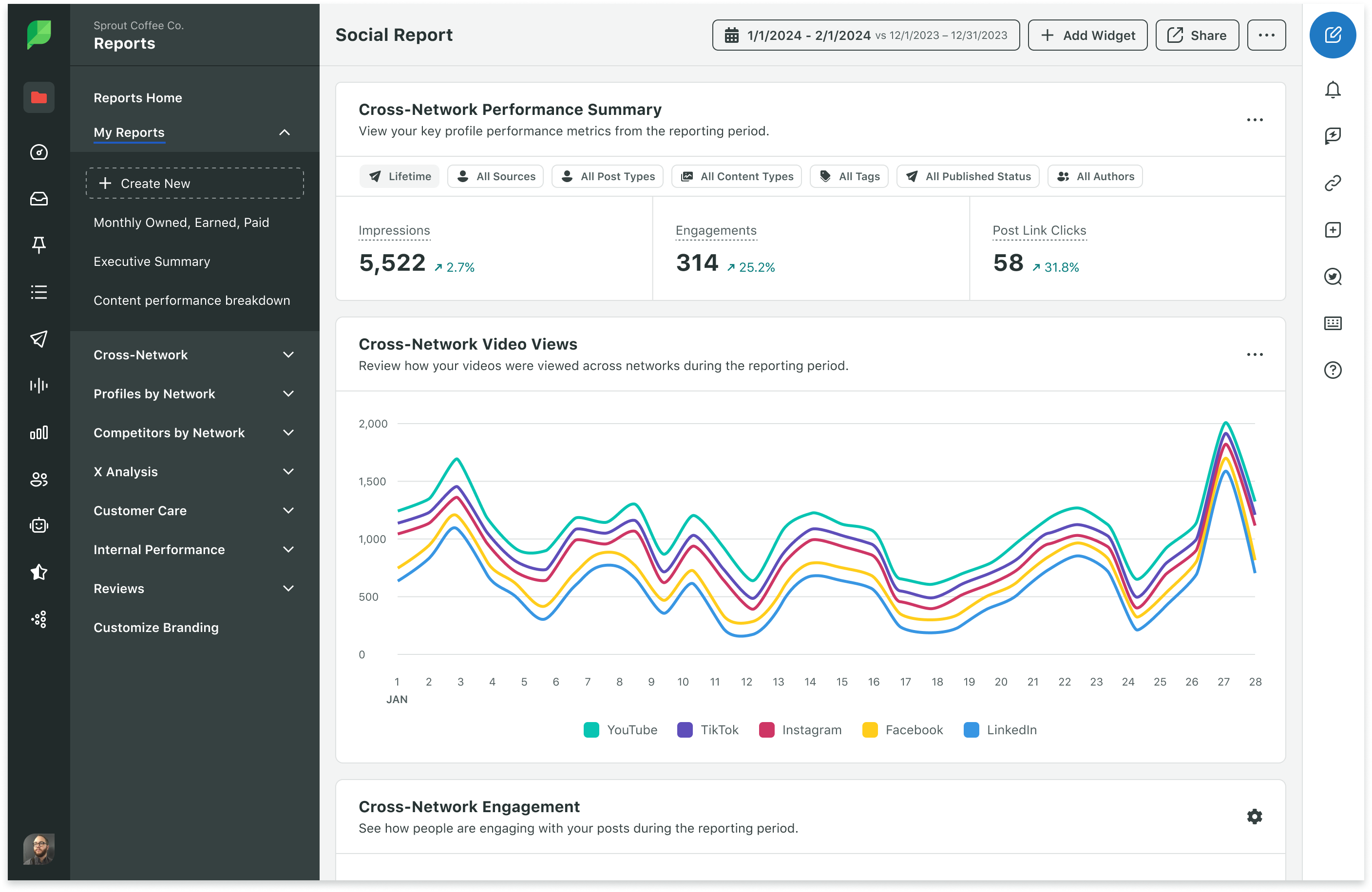 Sprout interface for cross-network video views, showing a line graph for YouTube, TikTok and other networks