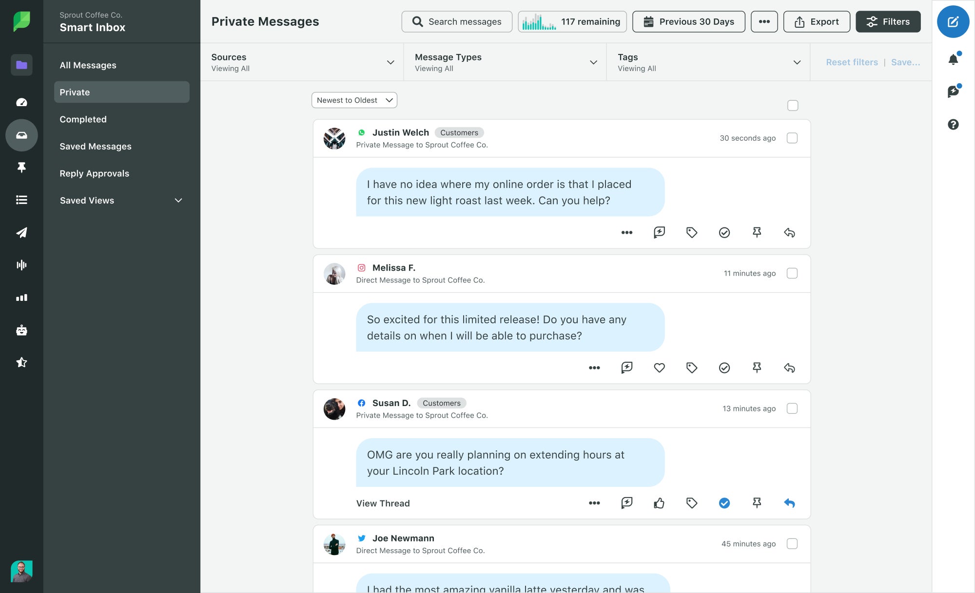 UI of Sprout Social's Smart Inbox showing messages across all social network in one unified inbox
