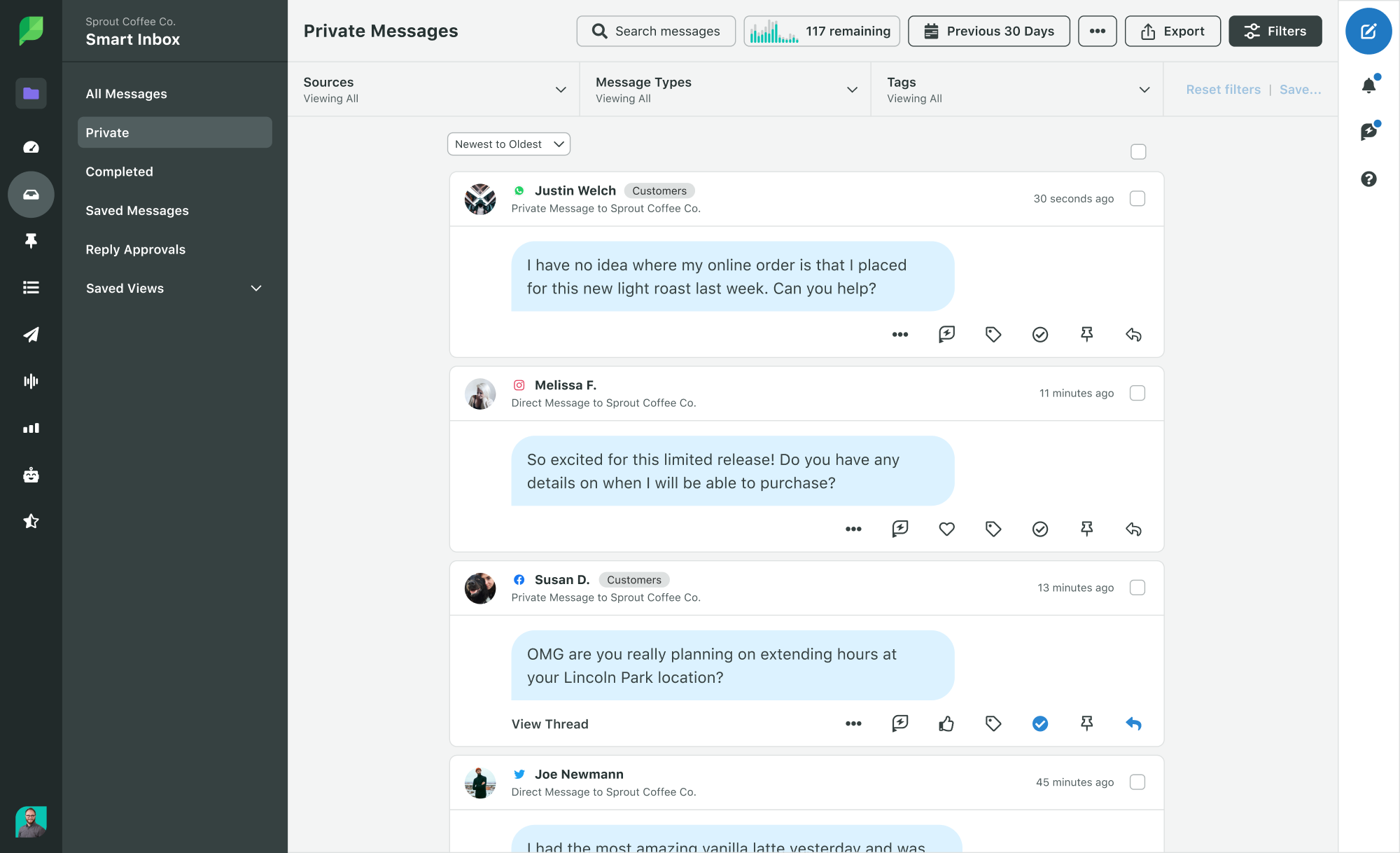 The Smart Inbox in Sprout Social's platform, where all incoming messages are aggregated into a single stream