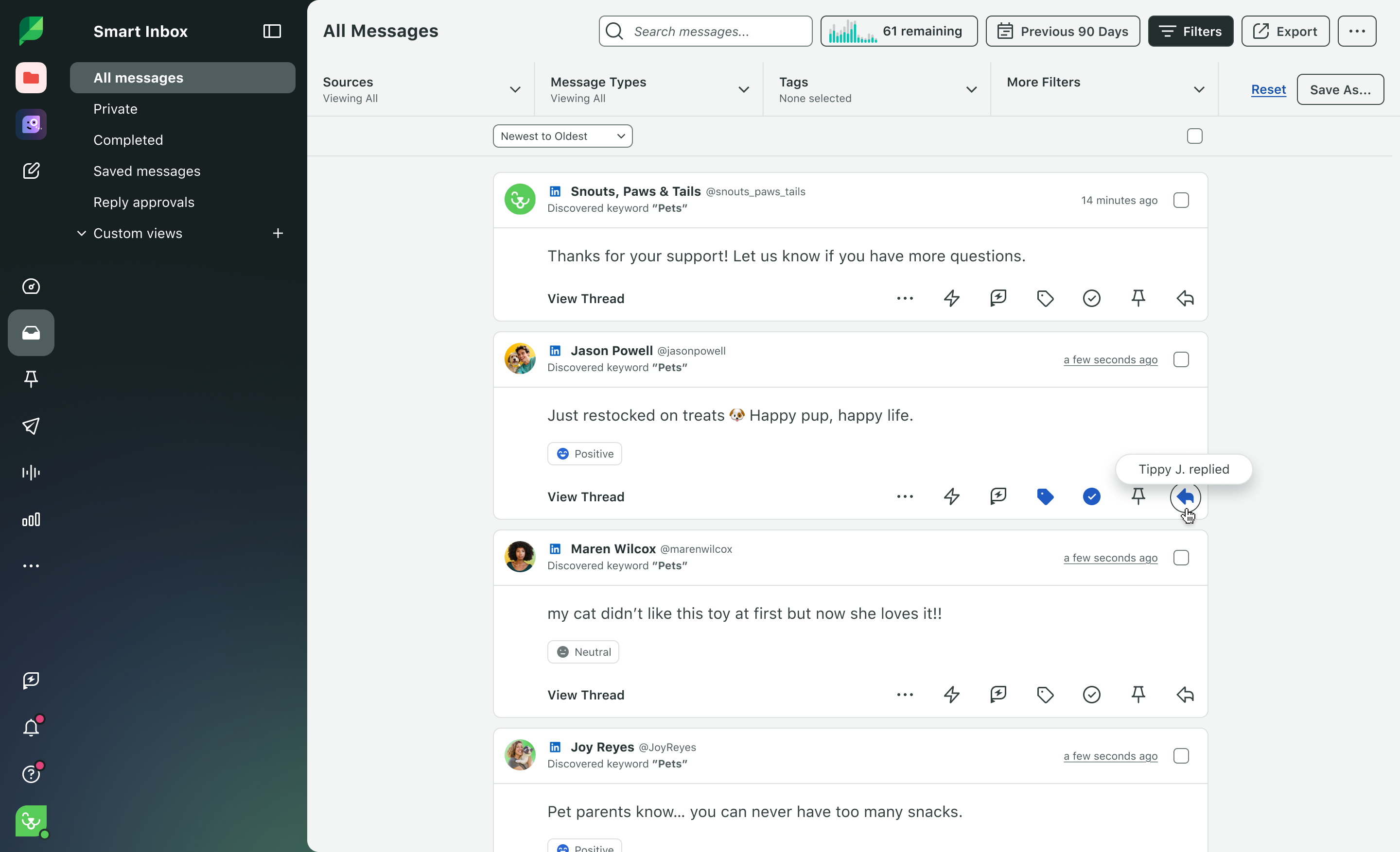 Sprout Social's Smart Inbox displaying a feed of LinkedIn messages showing sentiment and if a team member has responded yet.