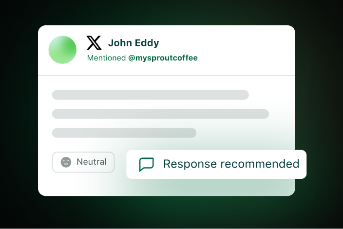 Exemple de réponse recommandée par Sprout Social pour identifier un message nécessitant une réponse.