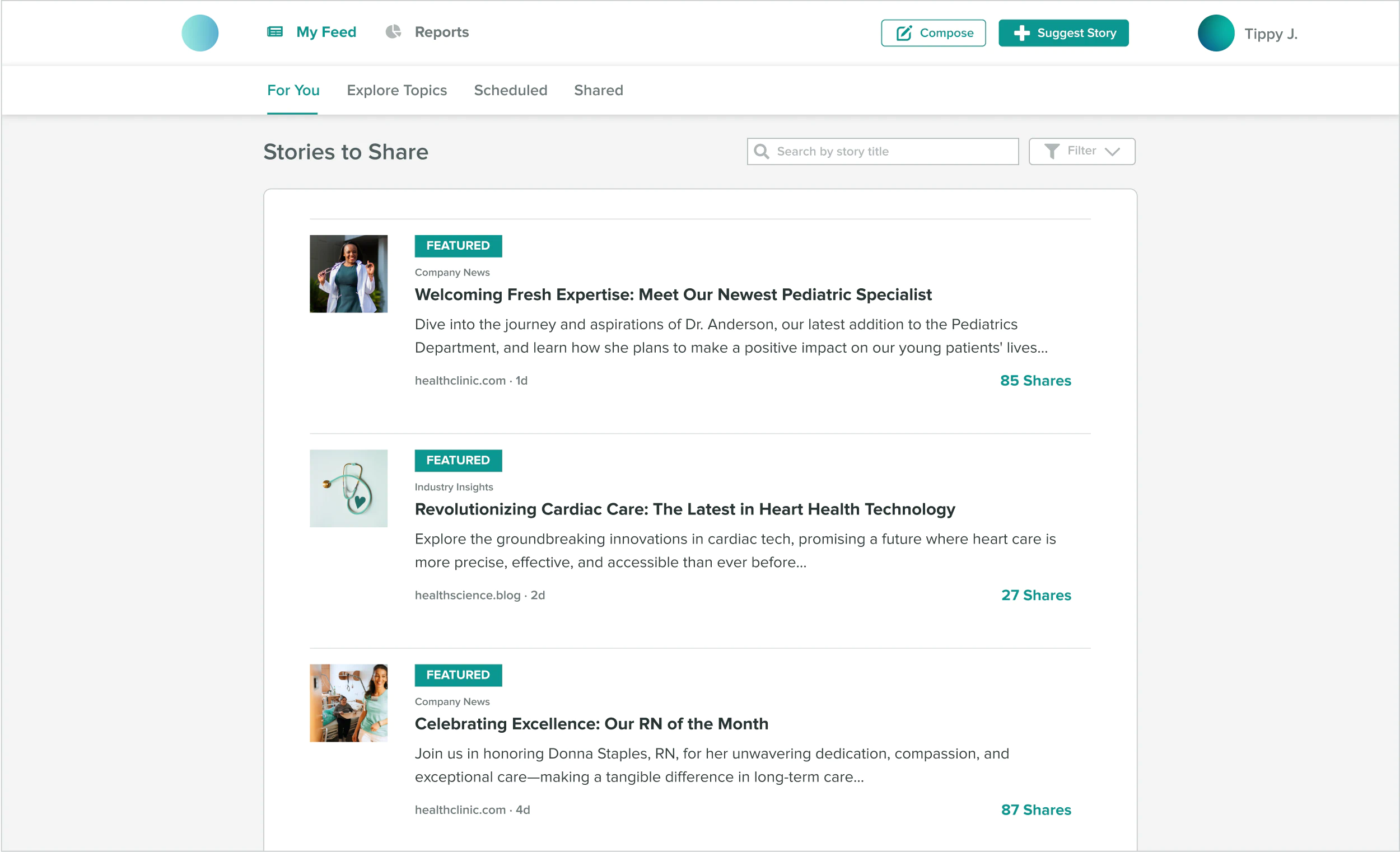 Example of an Employee Advocacy by Sprout Social feed of featured stories to share.