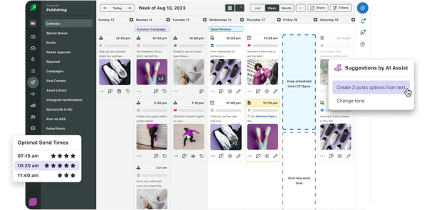 Sprout Social UI of an August 2023 content calendar with an "AI Assist" pop-up with "Create 3 posts" & "Change tone" options. Optimal send times shown.
