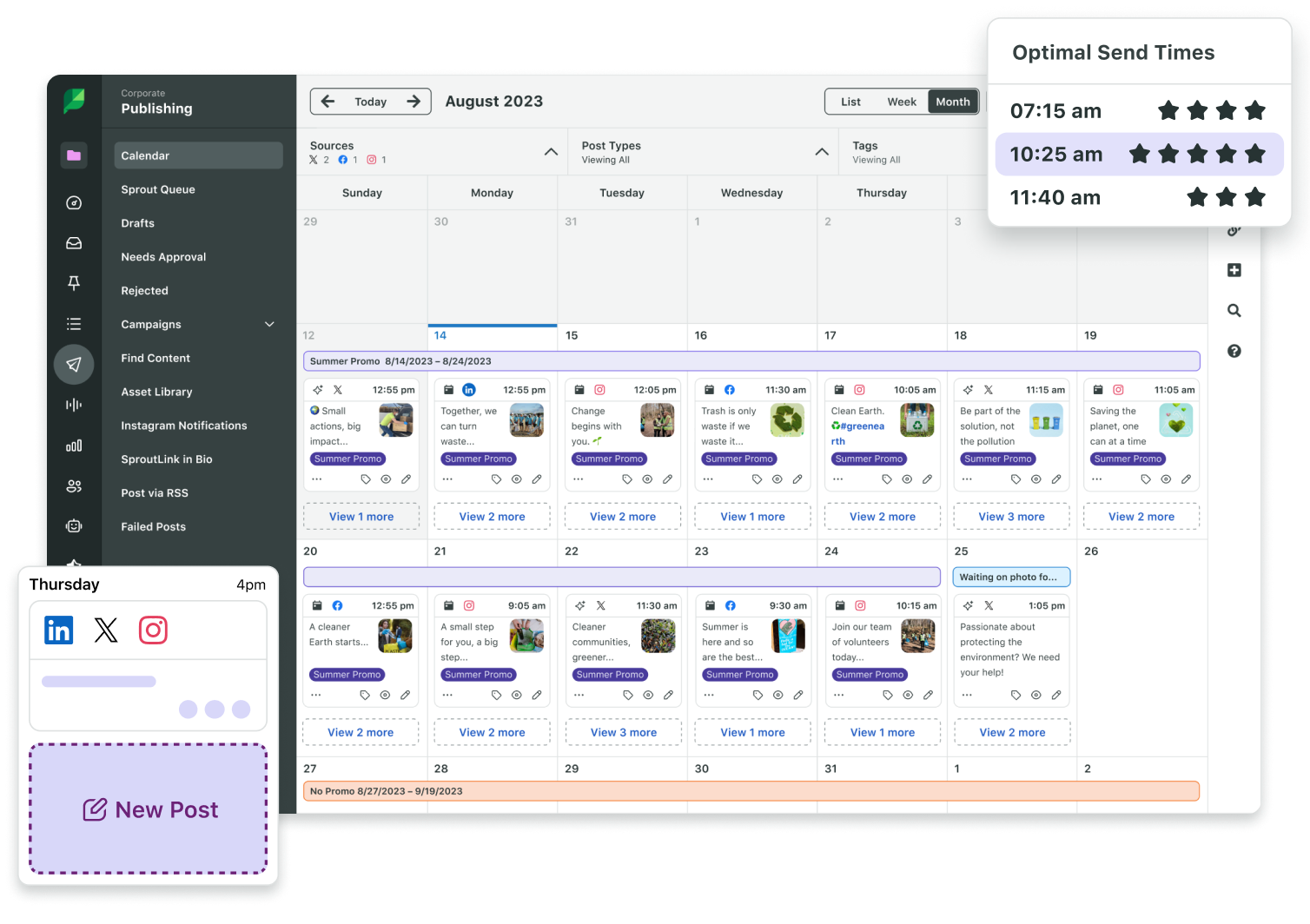 Product UI of Sprout Social's Publishing Content Calendar displaying optimal send times for posts across Facebook, X and Instagram.