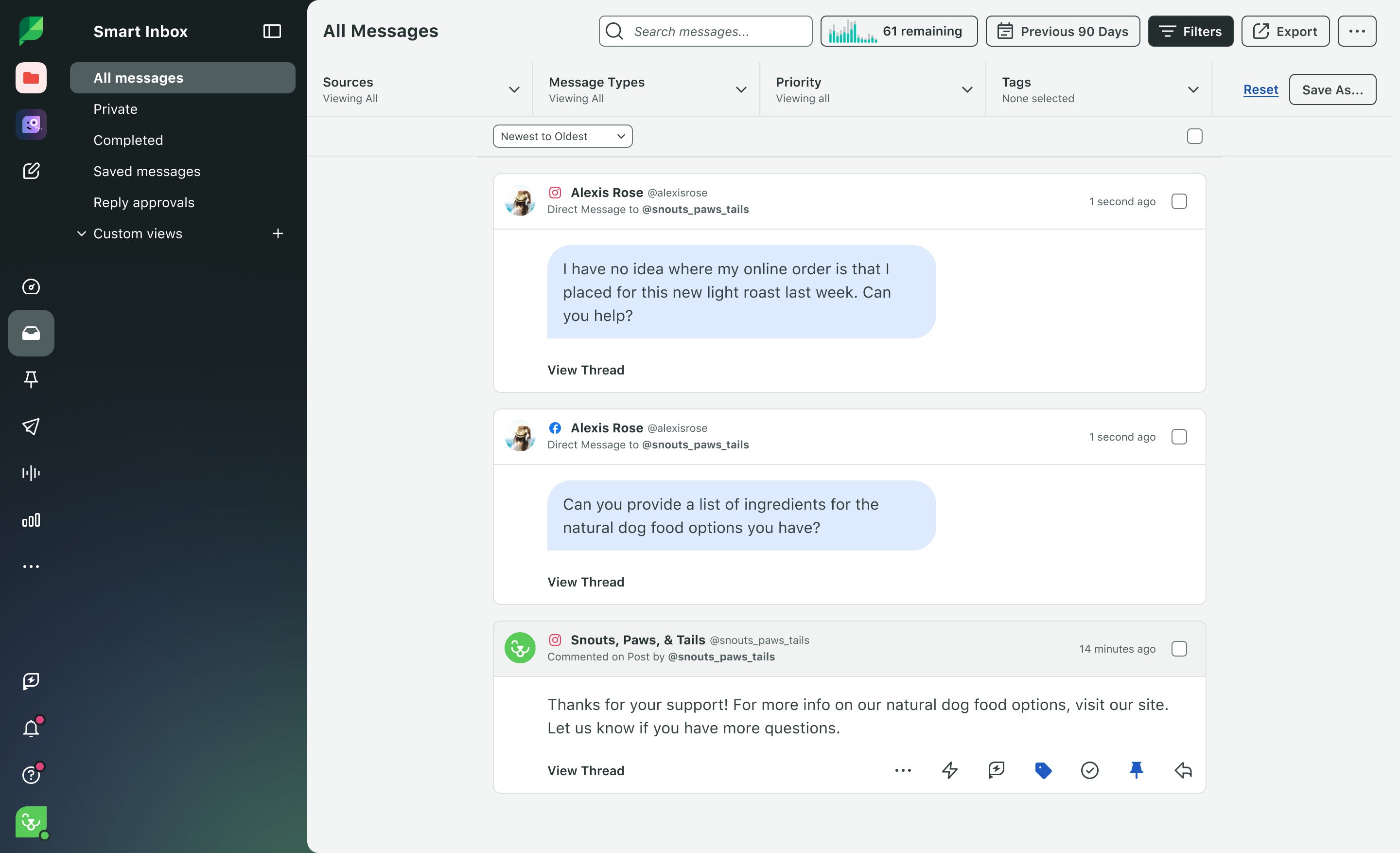 UI of Sprout Social's Smart Inbox, showing DMs of customers from different social channels all in one inbox