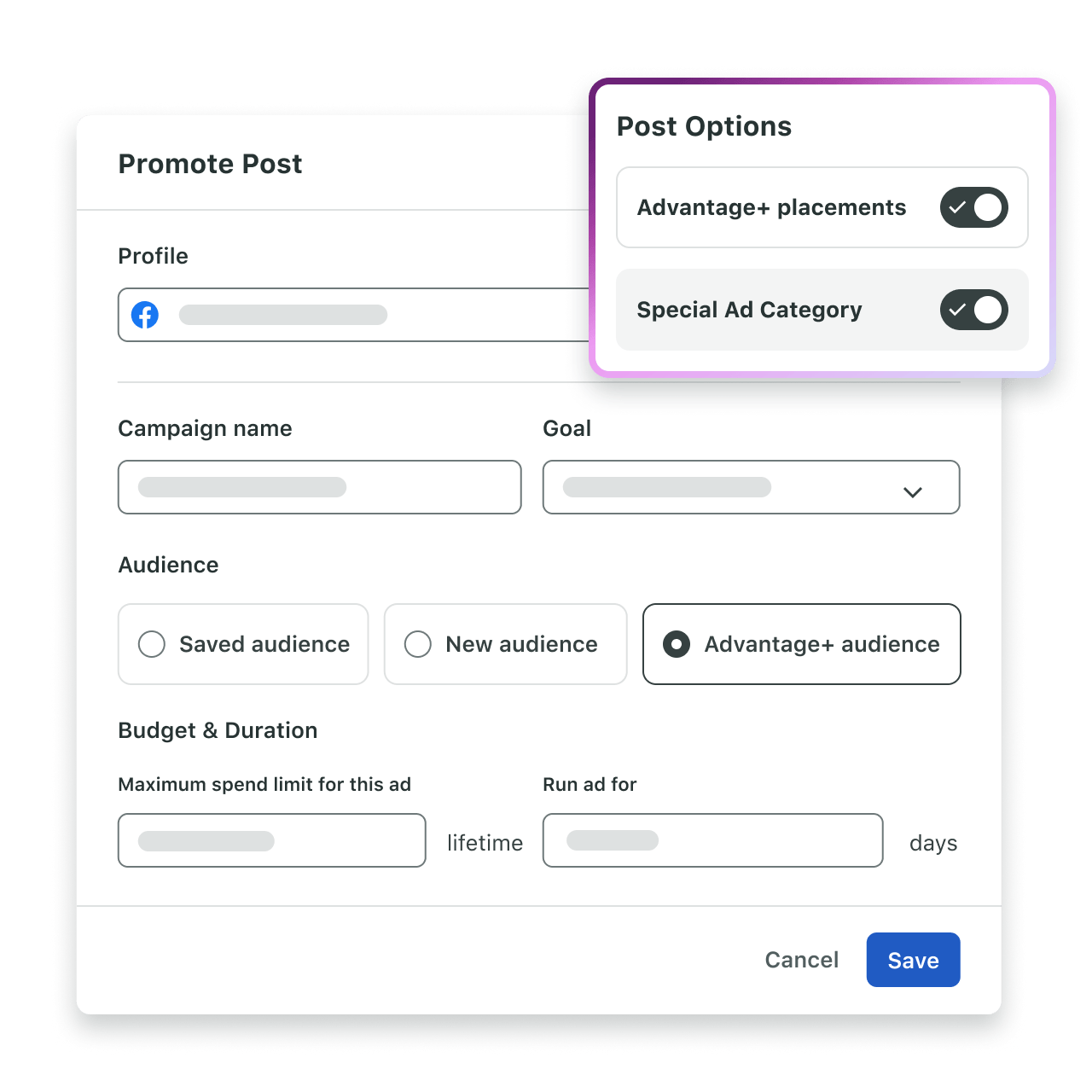 Interfaccia Promuovi Post di Sprout Social che mostra il targeting del pubblico Advantage+ e le opzioni di posizionamento per gli annunci su Meta.​​ 