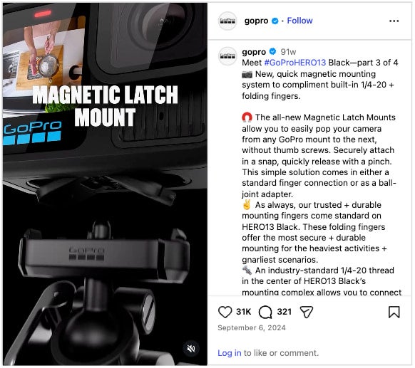 A GoPro Instagram post promoting the new HERO13 Black with comments asking questions about compatibility and GoPro answering those questions