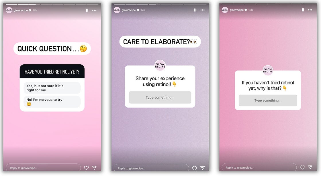 A series of Instagram Stories from Glow Recipe asking people questions about whether they've used retinol and the option to vote their answer, and two more Stories with question cards asking them to share their experience using it or why they haven't tried it