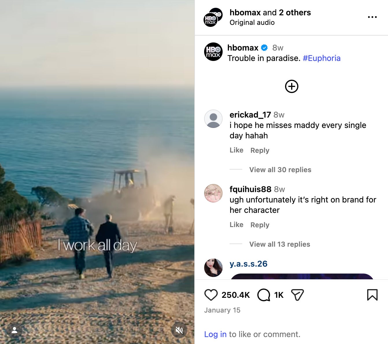 HBO Max's Instagram post showing a clip promo for it's series Euphoria