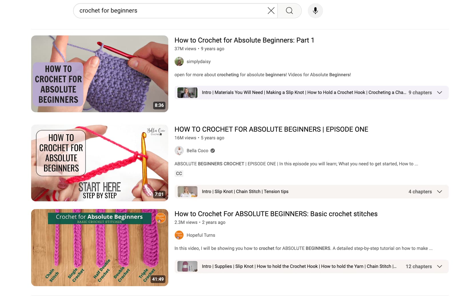 YouTube search results for crochet for beginners; showing thumbnails with close-up images of crocheting