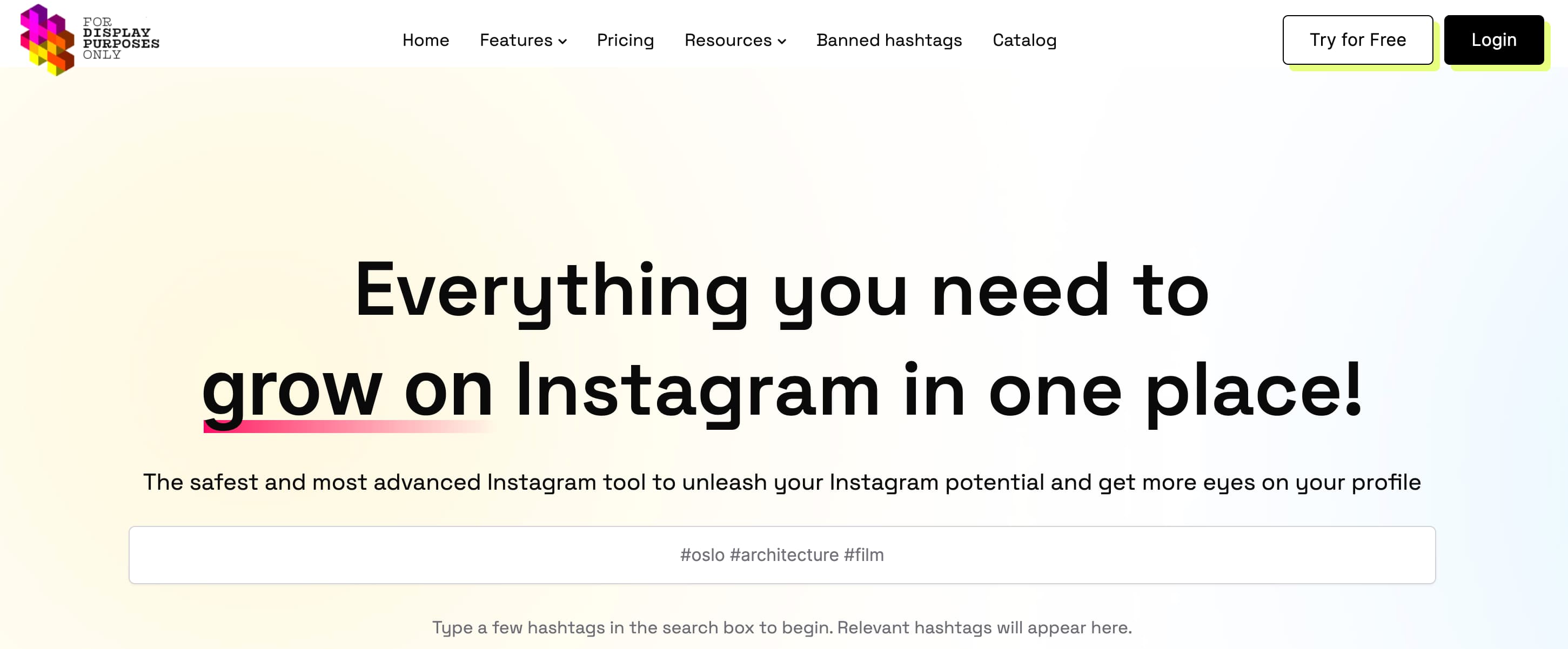Display Purposes hashtag analytics tool homepage