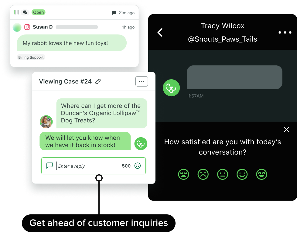 L’interface utilisateur de Sprout Social affiche une demande d’un client de « Snouts, Paws, and Tails » qui a envoyé un message à l’entreprise sur Instagram.