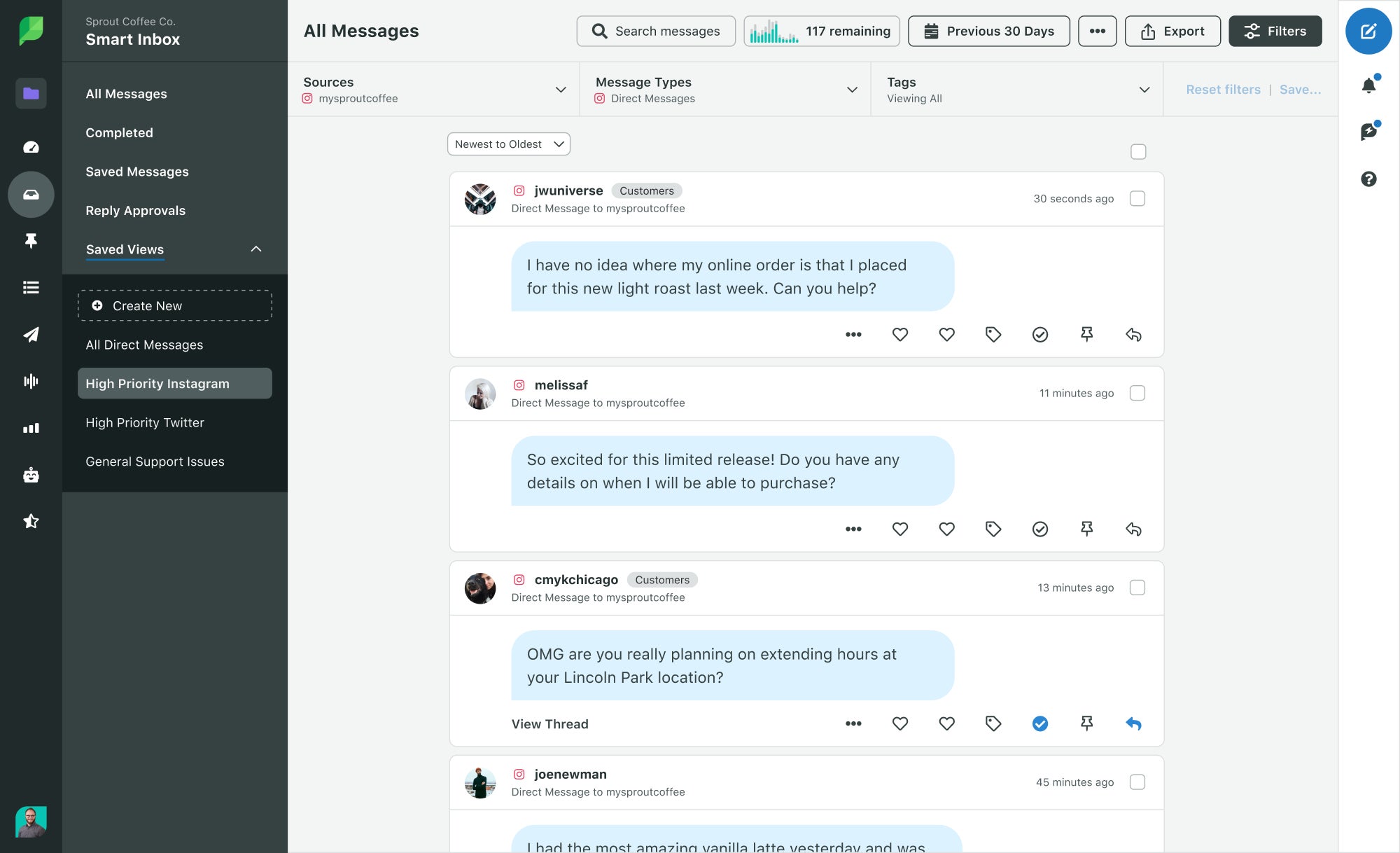 Sprout Social UI showing DM managed through its Smart Inbox
