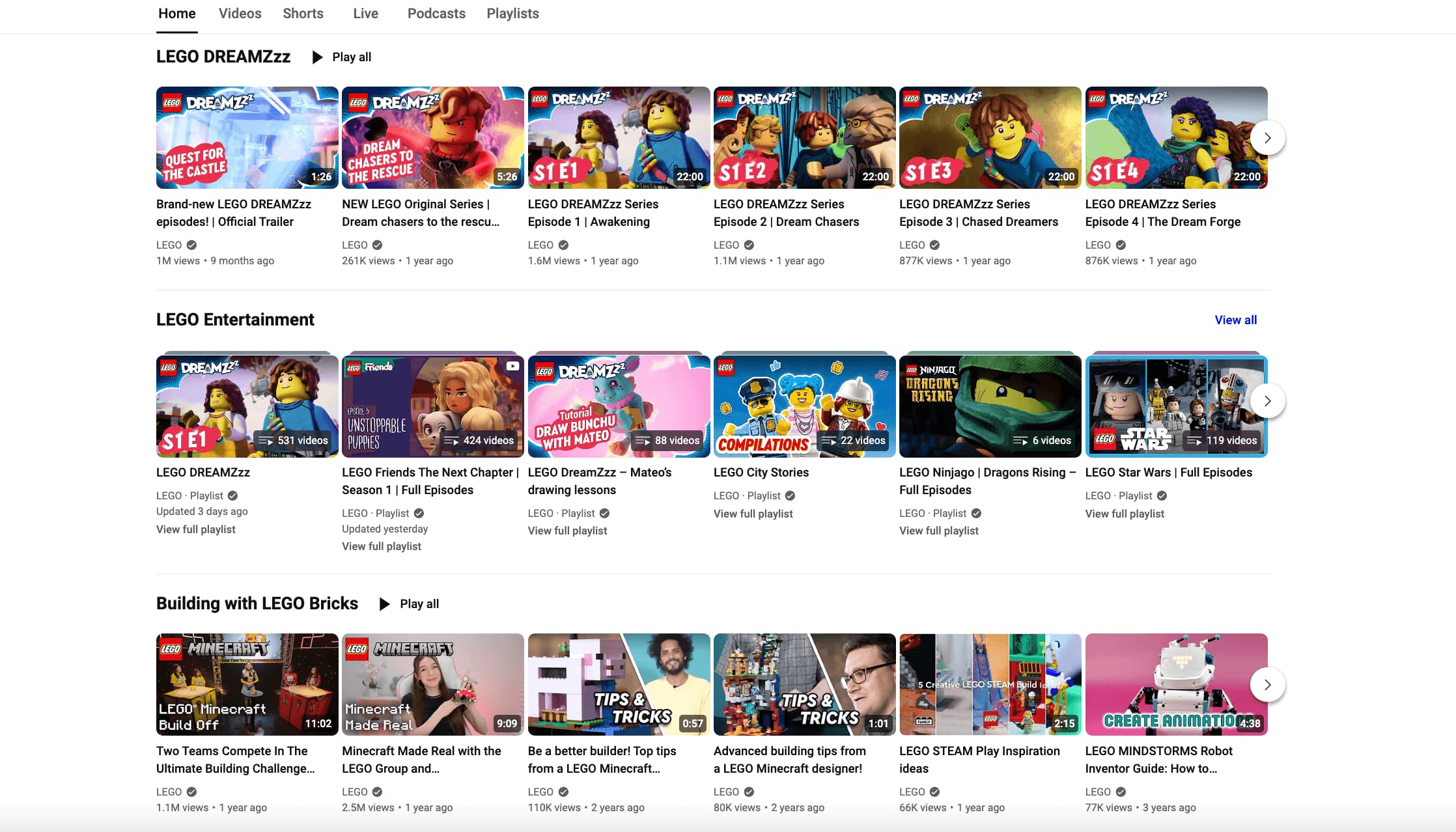 Videos on the LEGO YouTube channel showing various video series such as LEGO DREAMZzz, LEGO Entertainment and Building with LEGO Bricks