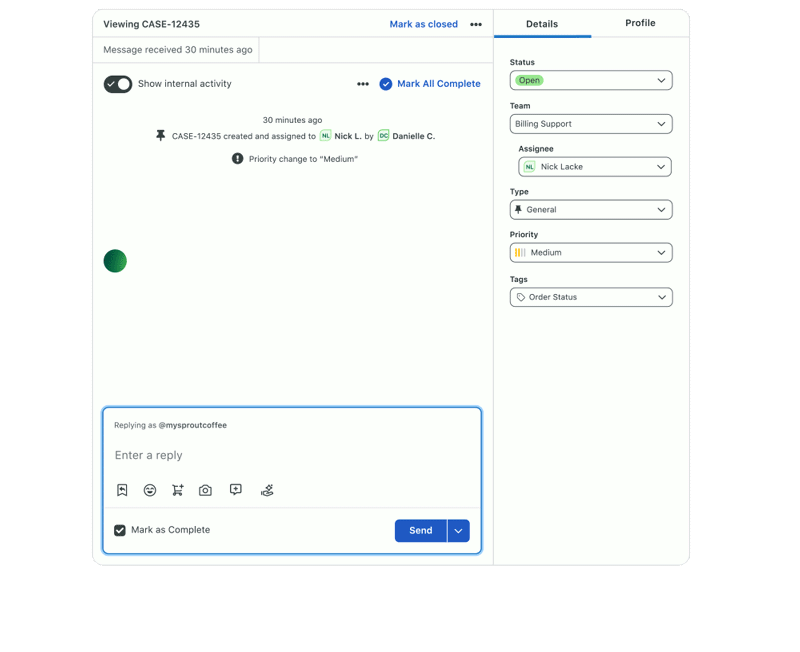 A gif showcasing the Sprout Social Customer Care interface, and how agents can handle customer care inquiries faster with the platform's tools