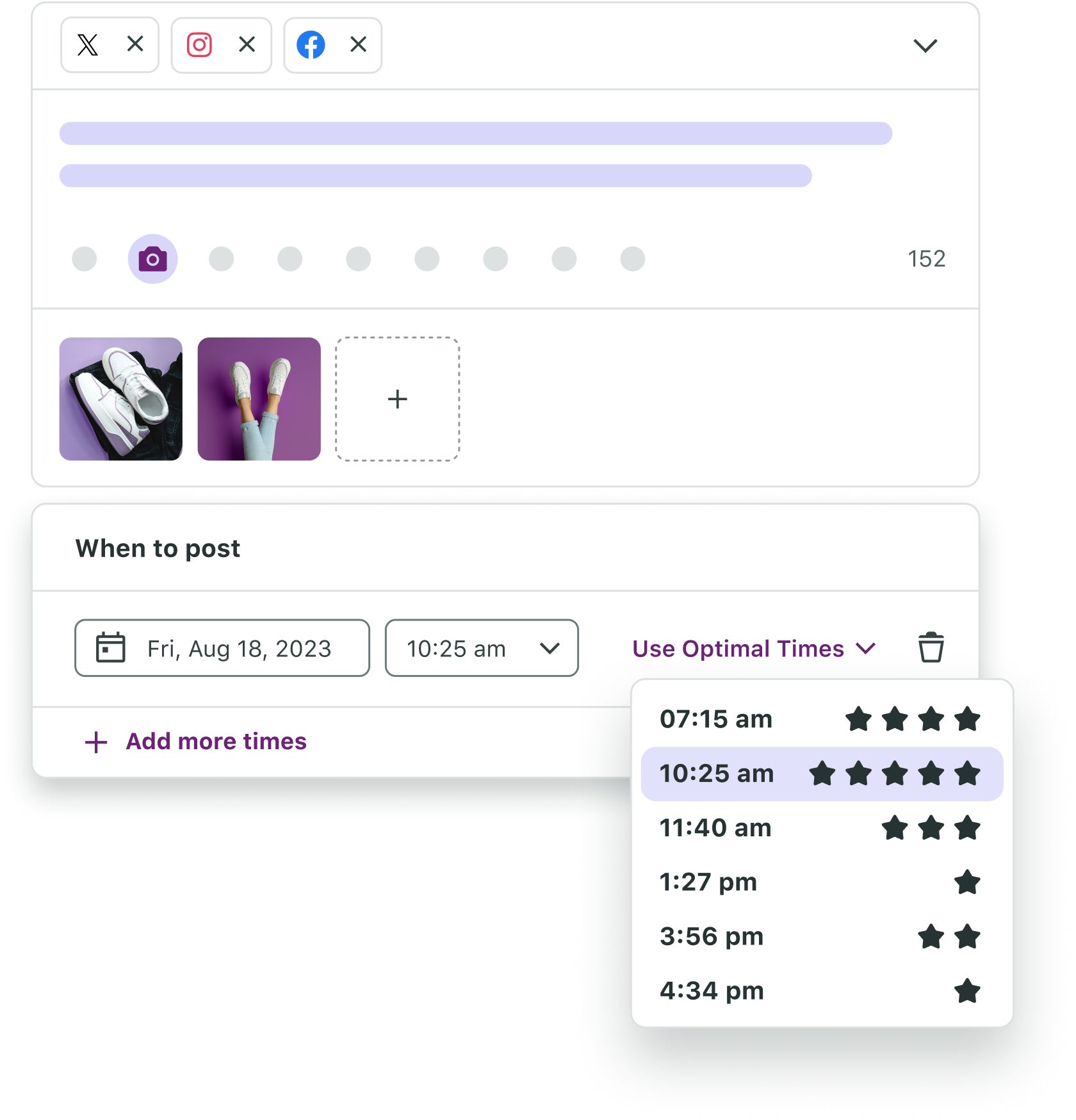 Sprout Social's Compose box with the "Use Optimal Times" dropdown selected with several times provided as options of when to schedule social media posts for the highest engagement.