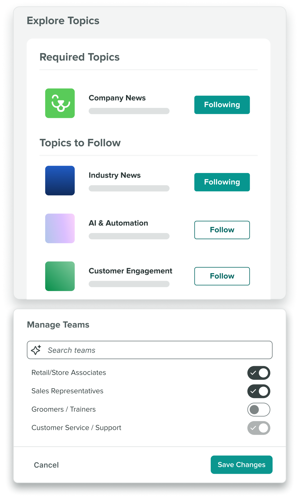 Sprout Social Employee Advocacy user interface with an Explore Topics panel for following internal news and a Manage Teams panel with toggle switches for assigning access to various employee roles.