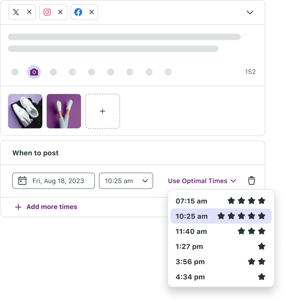 Interfaz de usuario del producto de Sprout Social que muestra la mejor hora para publicar con los Tiempos óptimos de envío para X, Facebook e Instagram el 18 de agosto de 2023.