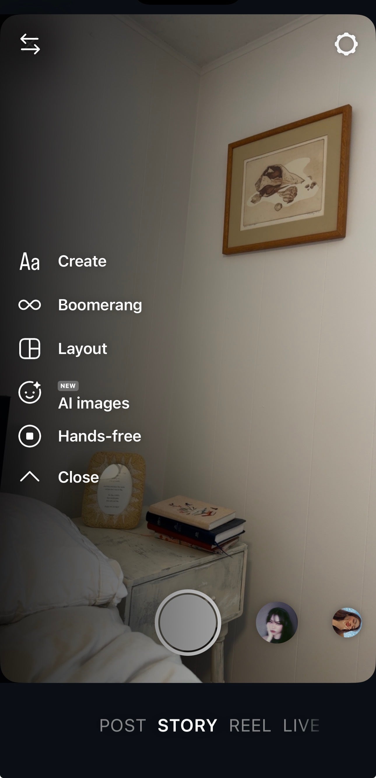 UI of IG Story settings before capturing a video or photo for your Story