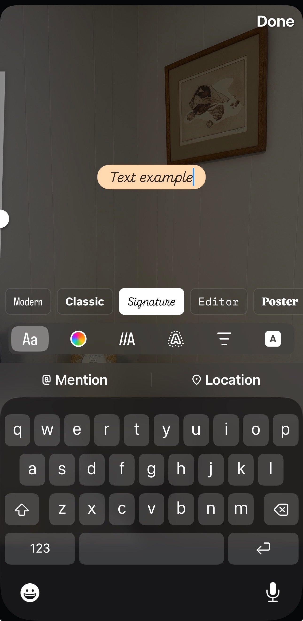 UI of adding a text overlay to an Instagram Story