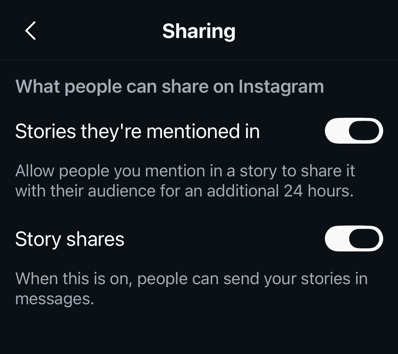 Instagram UI of Story sharing settings