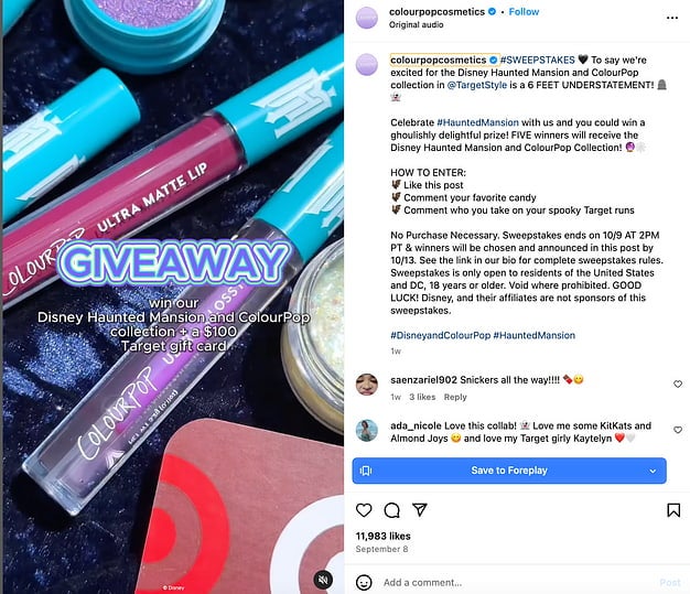 Instagram post from ColourPop Cosmetics showing a close-up shot of some items from the new Disney Haunted Mansion collection and text overlay that reads "Giveaway. Win our Disney Haunted Mansion and ColourPop collection + a $100 Target gift card" with a caption detailing how to enter
