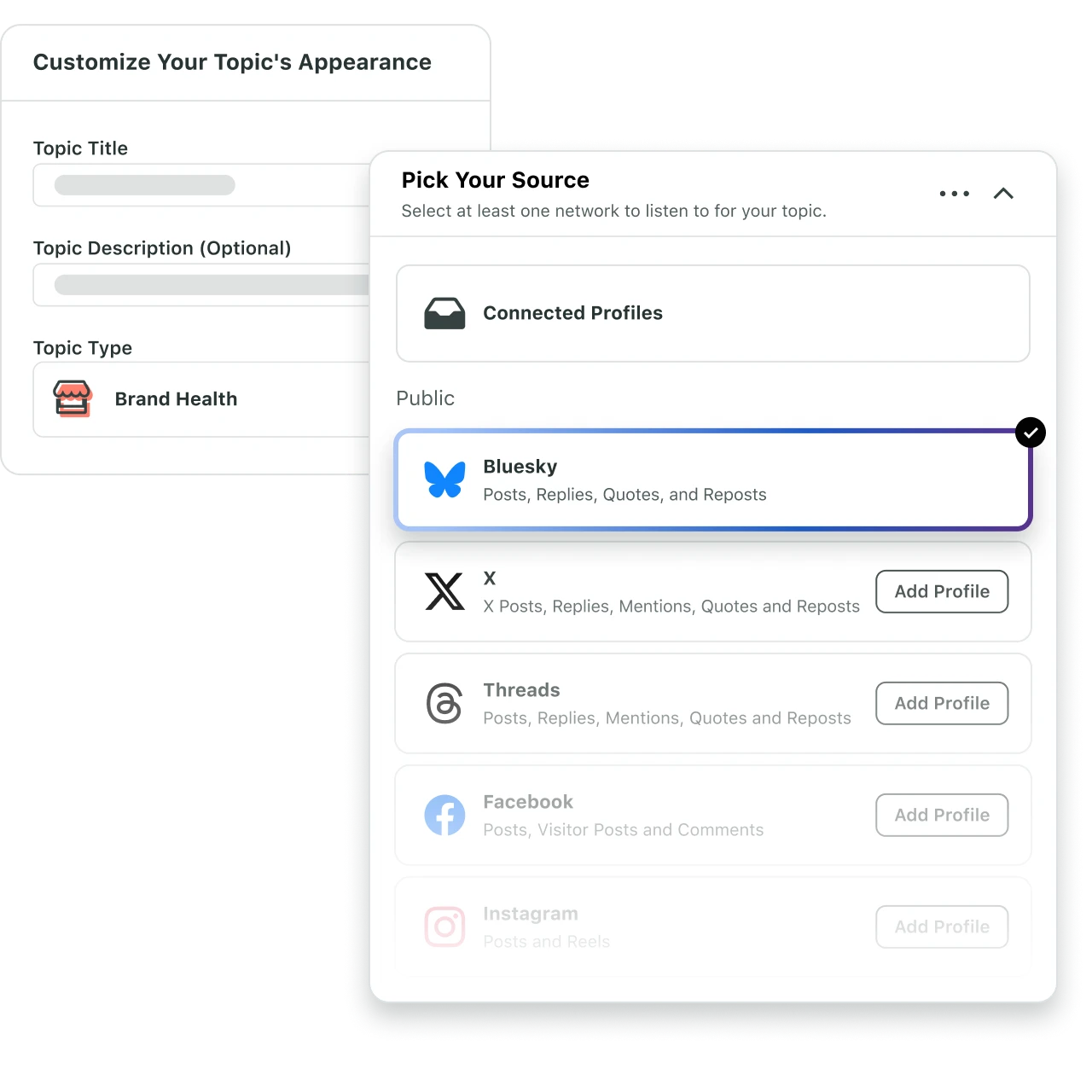 Abbildung der Produkt-Benutzeroberfläche der Social-Listening-Oberfläche von Sprout Social, die das Menü „Quelle auswählen“ zeigt. Die Quellenliste hebt Bluesky zusammen mit X und Threads als neue Listening-Quelle hervor.