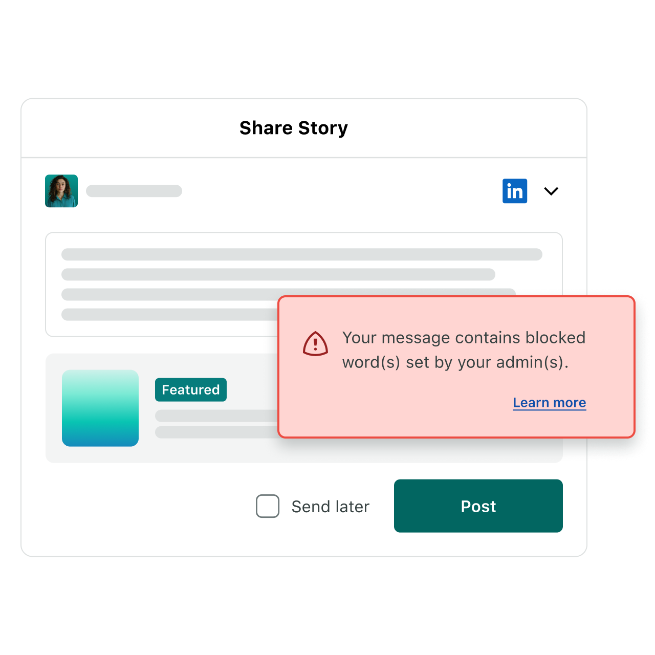 L'interfaccia di Sprout Social Employee Advocacy mostra un avviso di parola bloccata nella finestra Condividi storia.​​ 