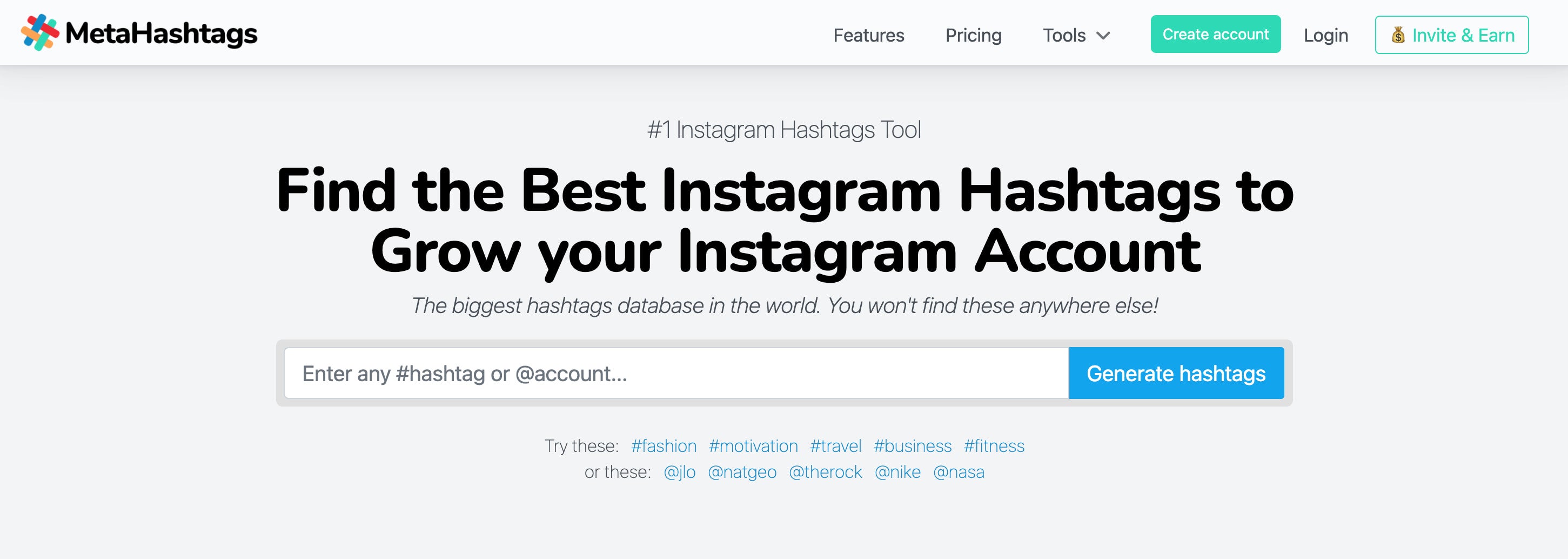 MetaHashtags Instagram hashtag analytics tool homepage