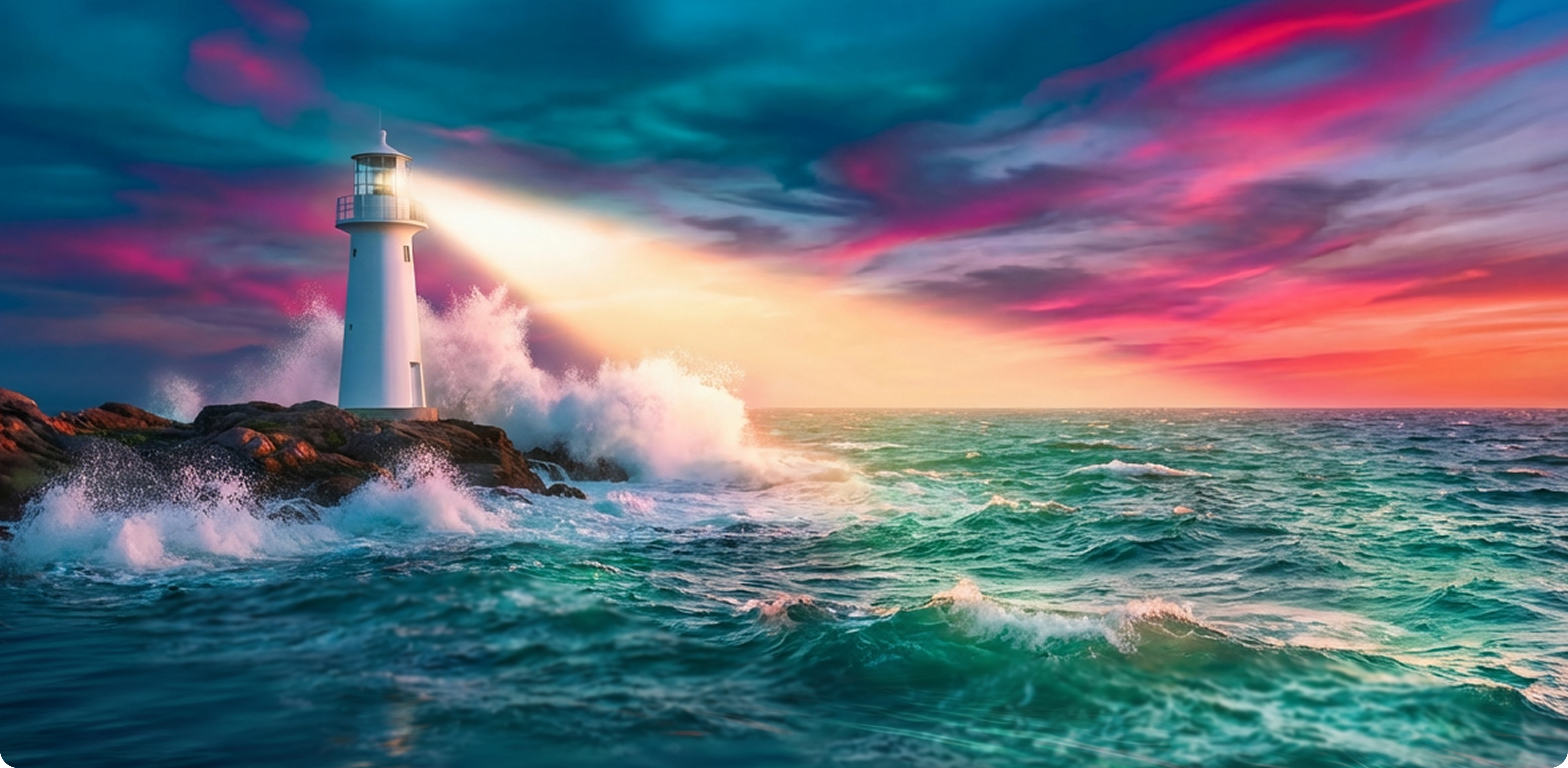 Lighthouse on a rocky coast with crashing waves, symbolizing clarity through social intelligence and agentic AI.