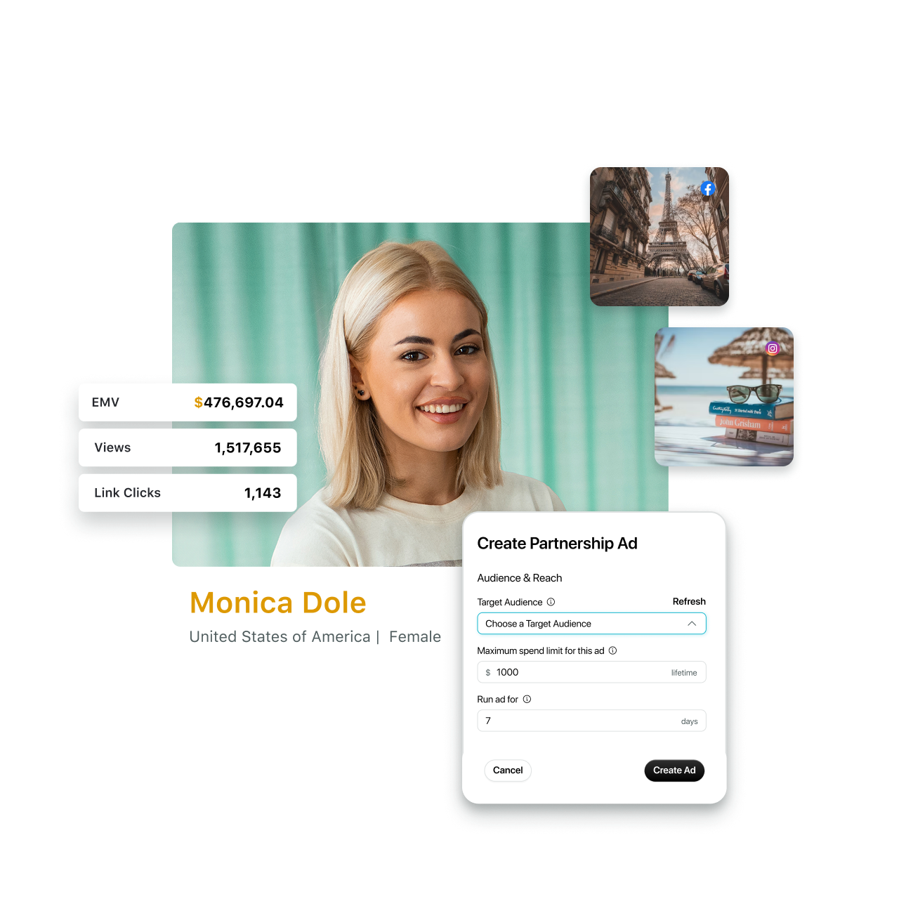  Image of the Sprout Social Influencer Marketing interface displaying influencer data with a creator’s image, Earned Media Value (EMV), views, link clicks‌ and platform breakdown.