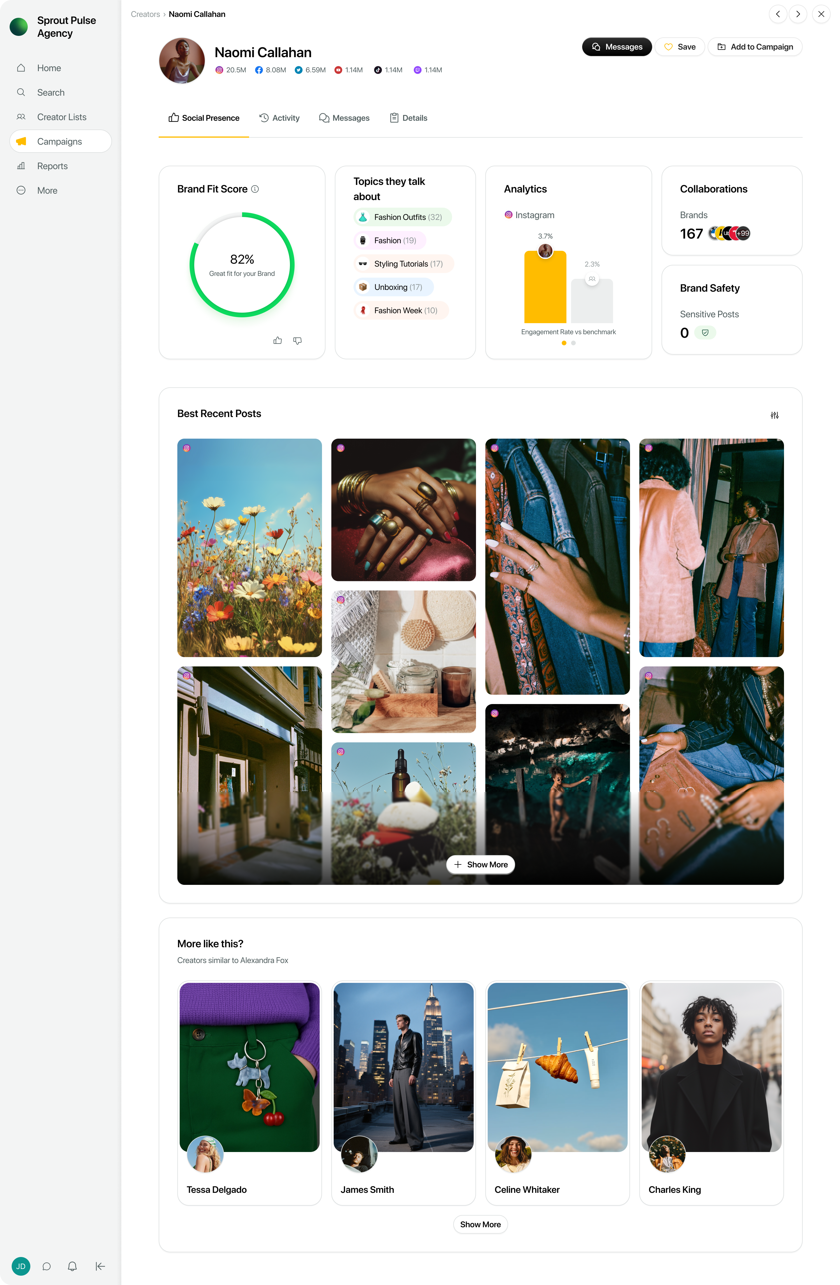 The Sprout Social Influencer Marketing interface, where you can see an influencer's profile, which includes brand fit score, topics they talk about, top posts and a tab to learn more about their audience breakdown.