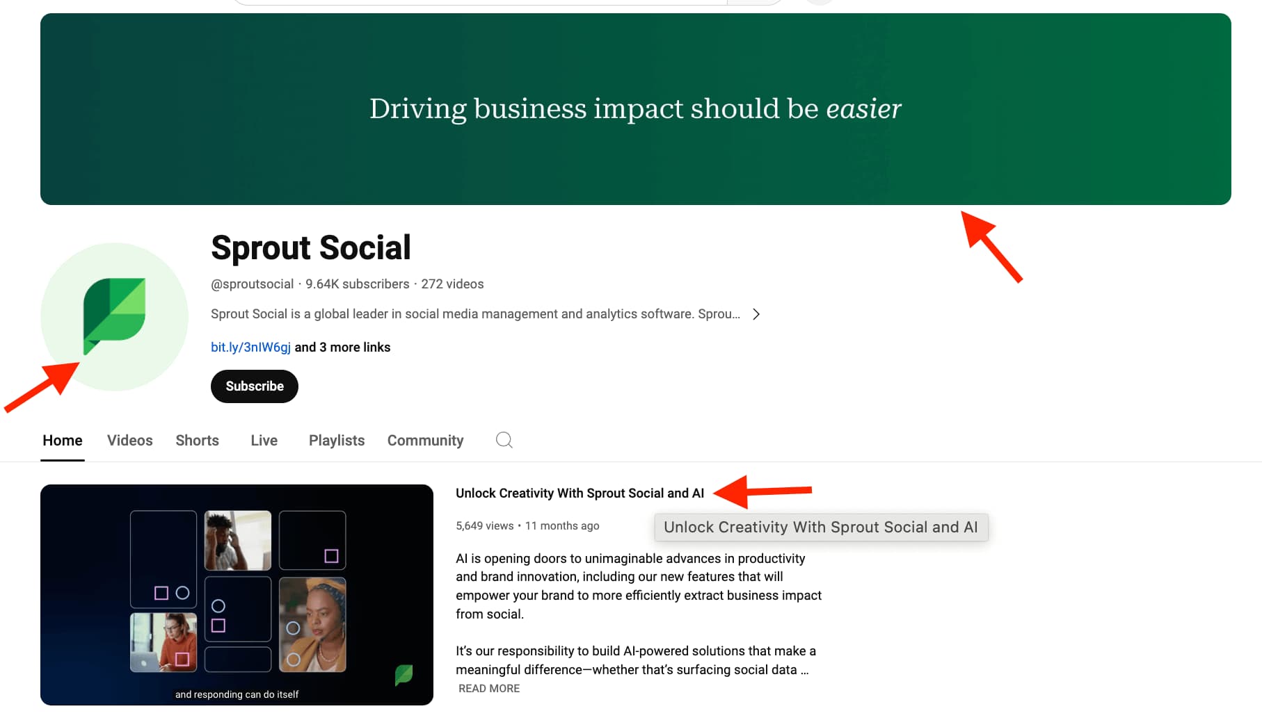 Sprout Social YouTube channel with arrows pointing to the channel banner, profile picture and preview video
