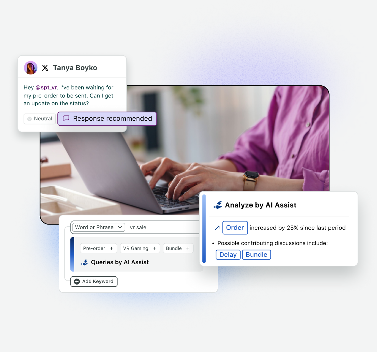 Interface de usuário que mostra alguém usando as ferramentas de IA e automação do Sprout Social para determinar se as mensagens dos clientes exigem uma resposta e simplificando os fluxos de trabalho para resolver as preocupações dos clientes.