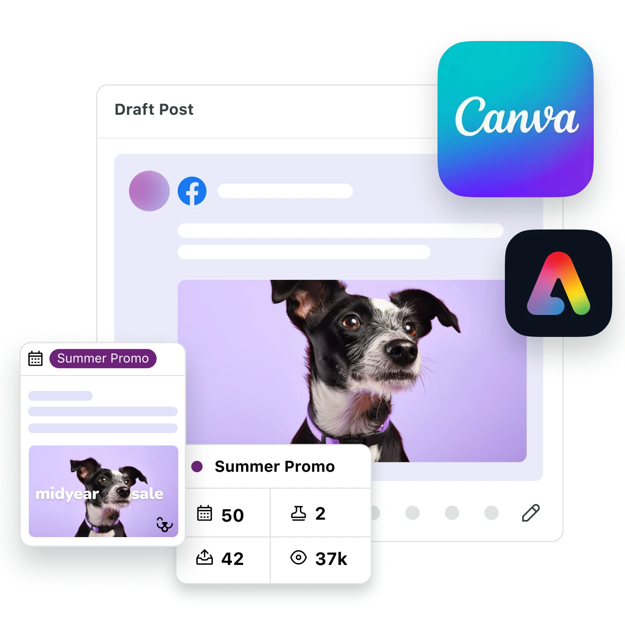 Brouillon de post avec un petit chien entouré d'informations de planification et des logos Canva et Adobe Express.​​ 