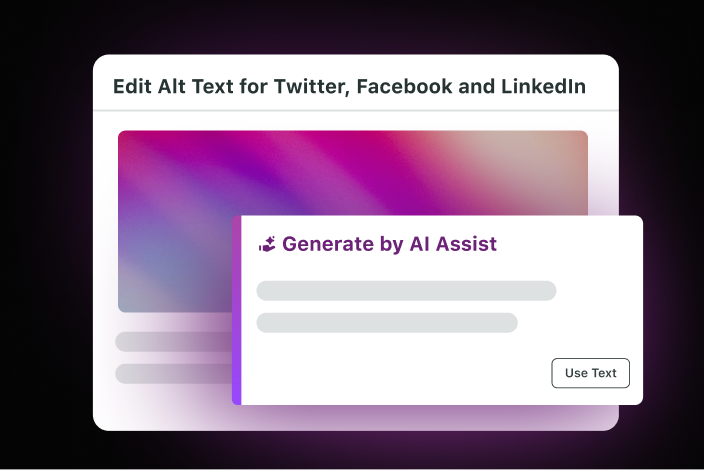 Ejemplo de Generate de AI Assist editando texto alternativo para X (antes conocido como Twitter), Facebook y Linkedin.
