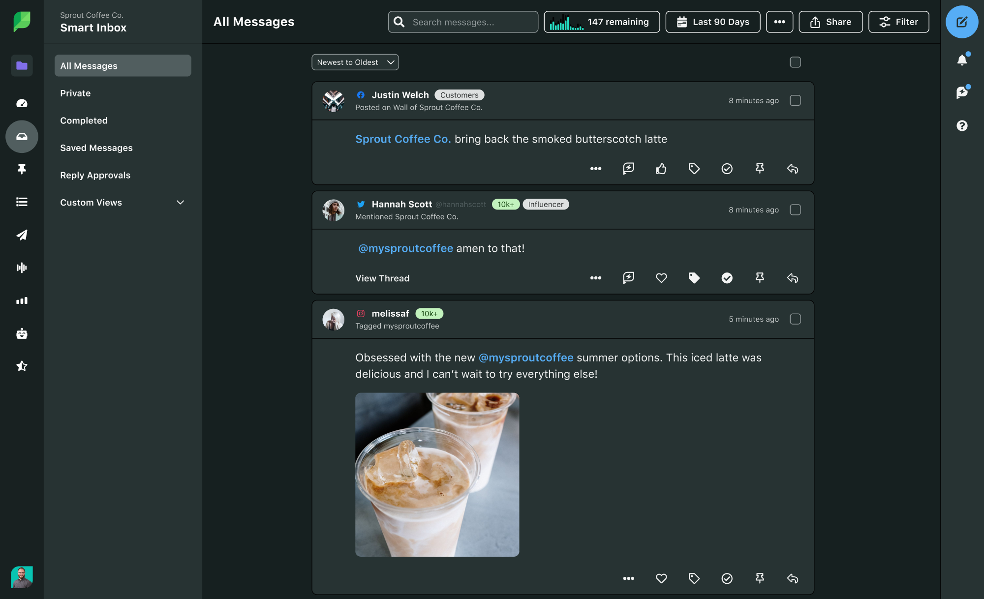 A preview of Sprout’s Smart Inbox where you can search for messages, filter by date and view threads.