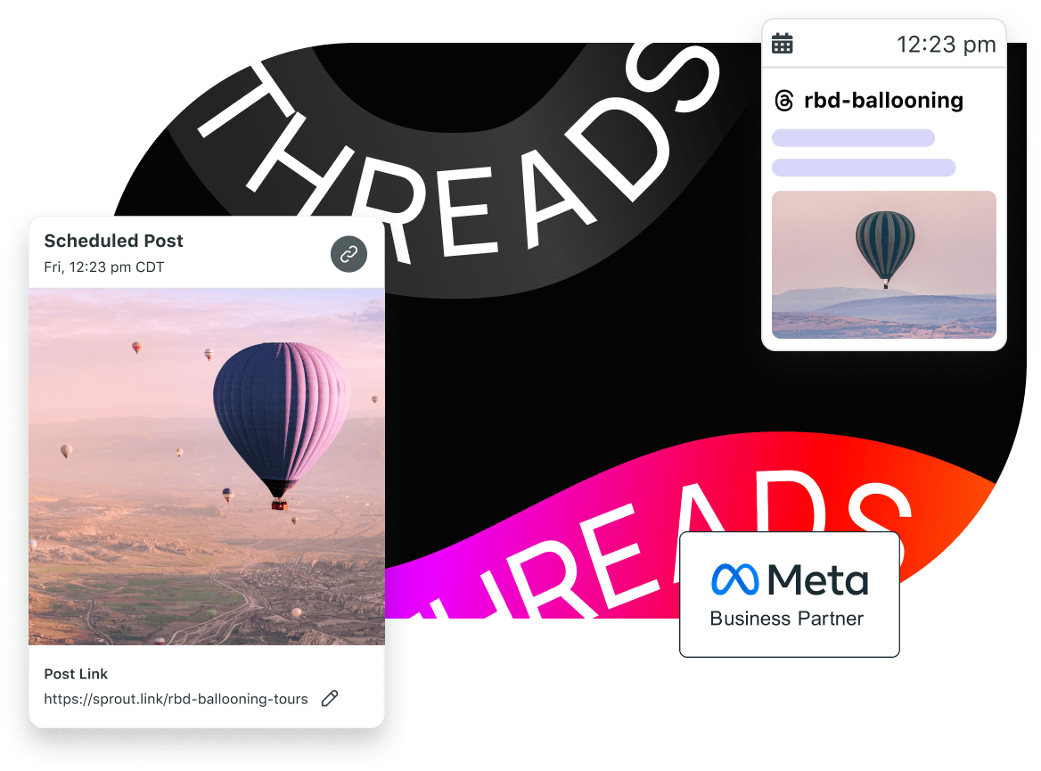Threads - Parceiro de negócios da Meta, com colagem do agendamento do Threads no Sprout Social.