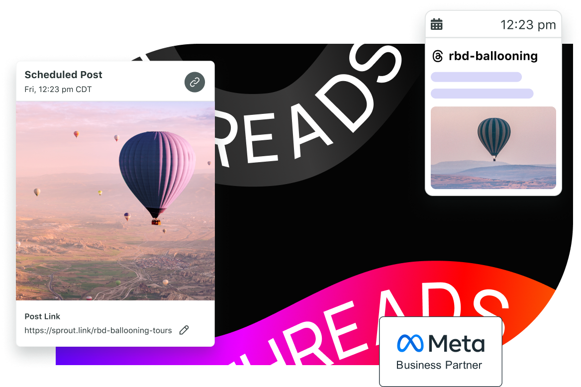 Threads – Meta Business Partner, mit einer Collage der Threads-Terminierung in Sprout Social.