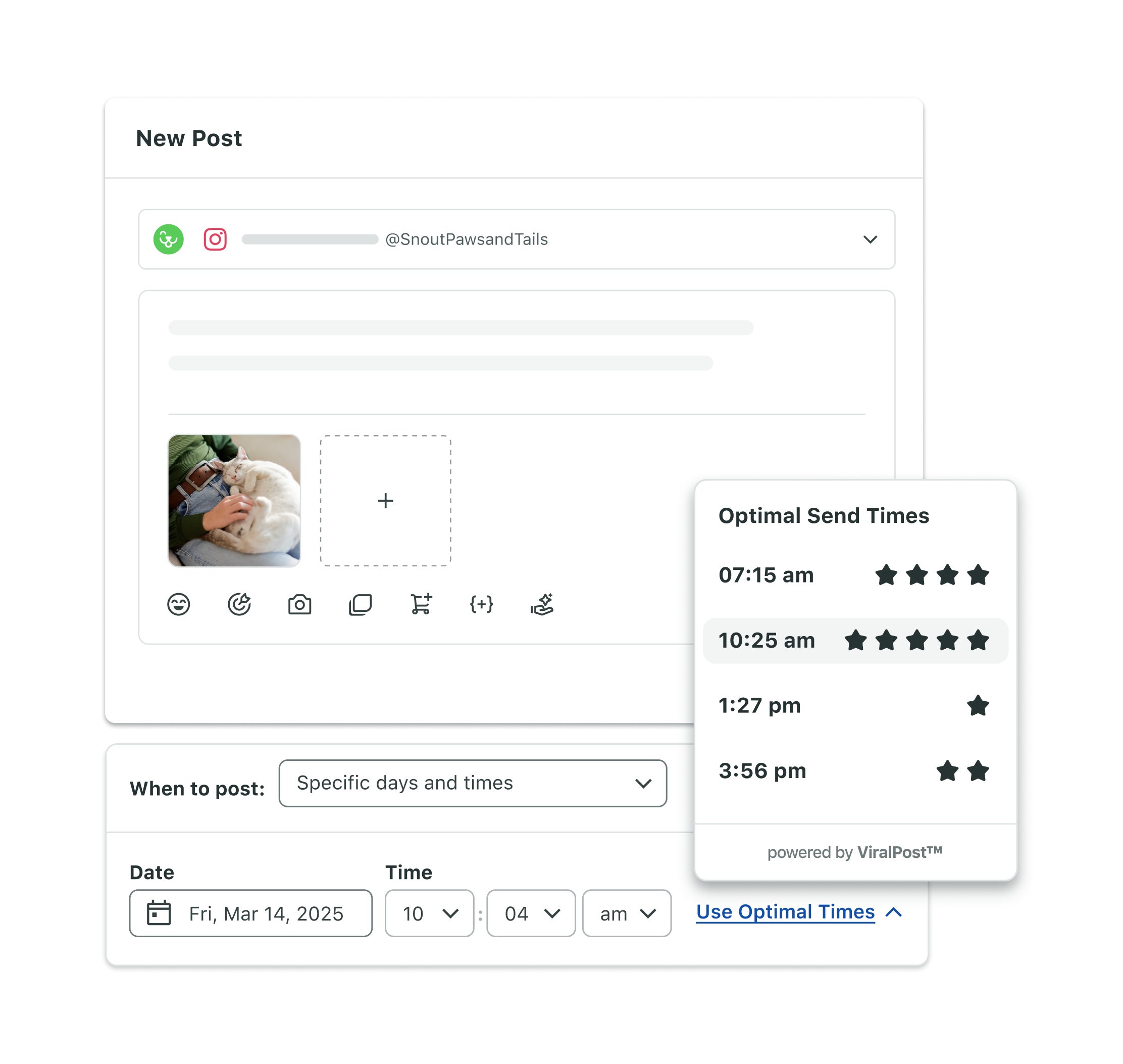 UI of Sprout Social's publishing tool that shows its optimal send times as it posts an Instagram post