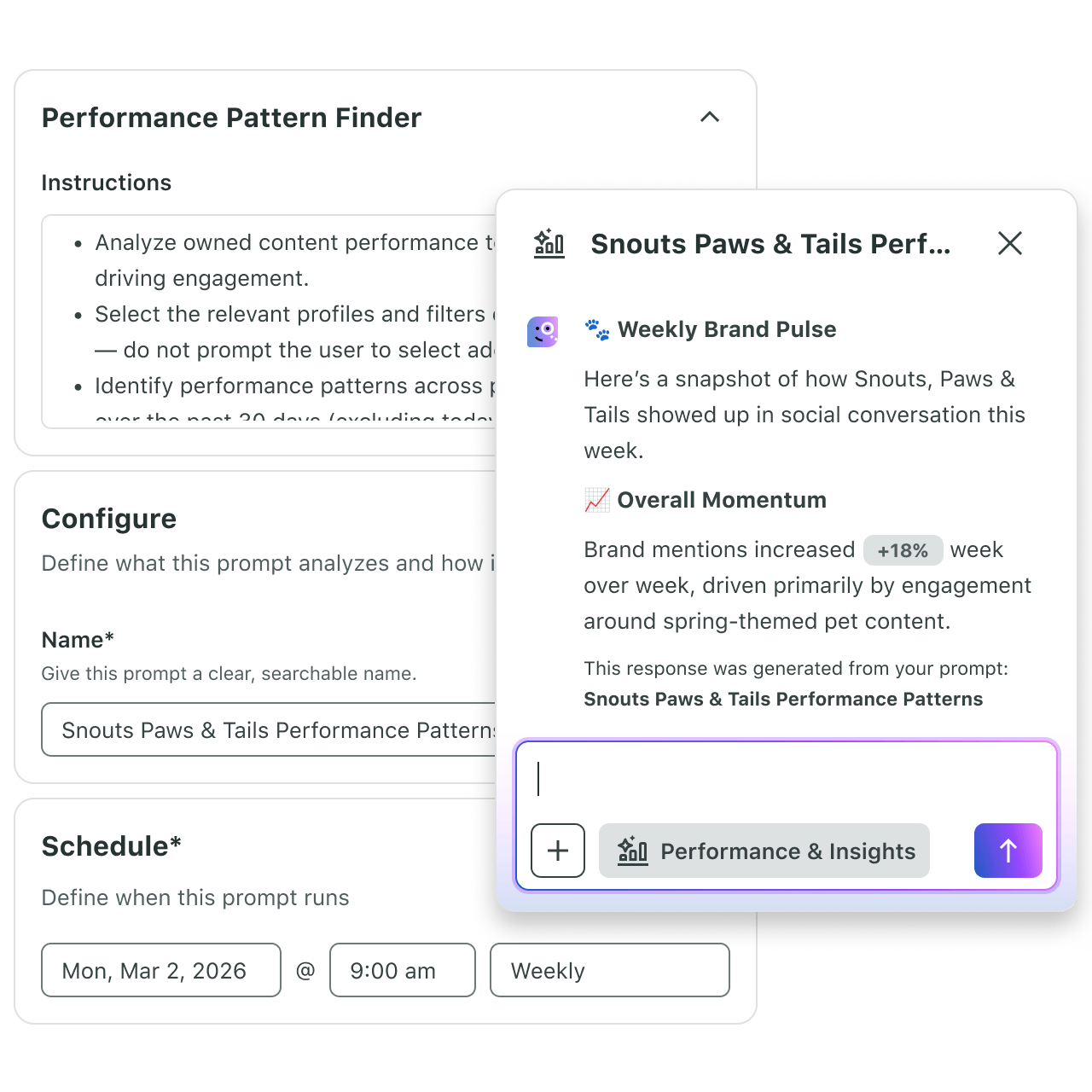Sprout Social interface for an AI Performance Pattern Finder tool, featuring configuration and scheduling options alongside a pop-up window displaying an AI-generated Weekly Brand Pulse insight summary, powered by Trellis.