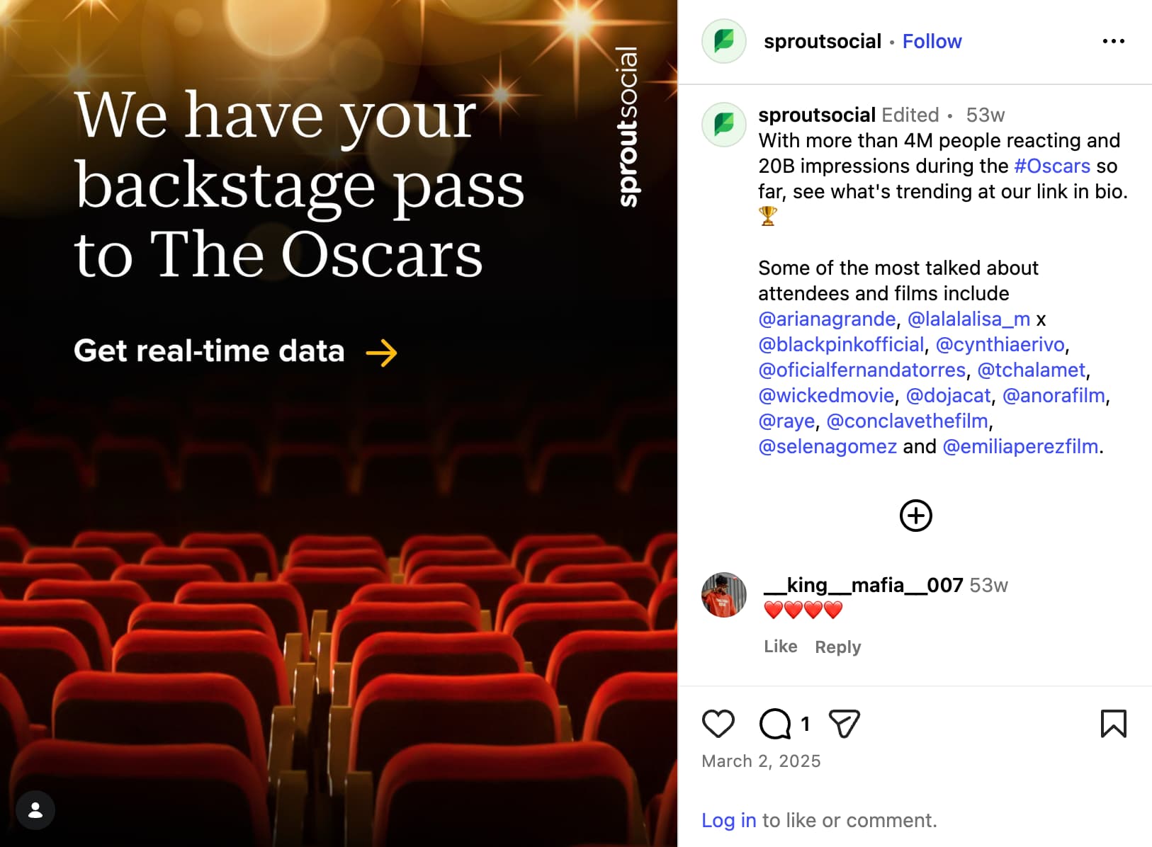 Sprout Social's Instagram post showing live event coverage of the Oscars