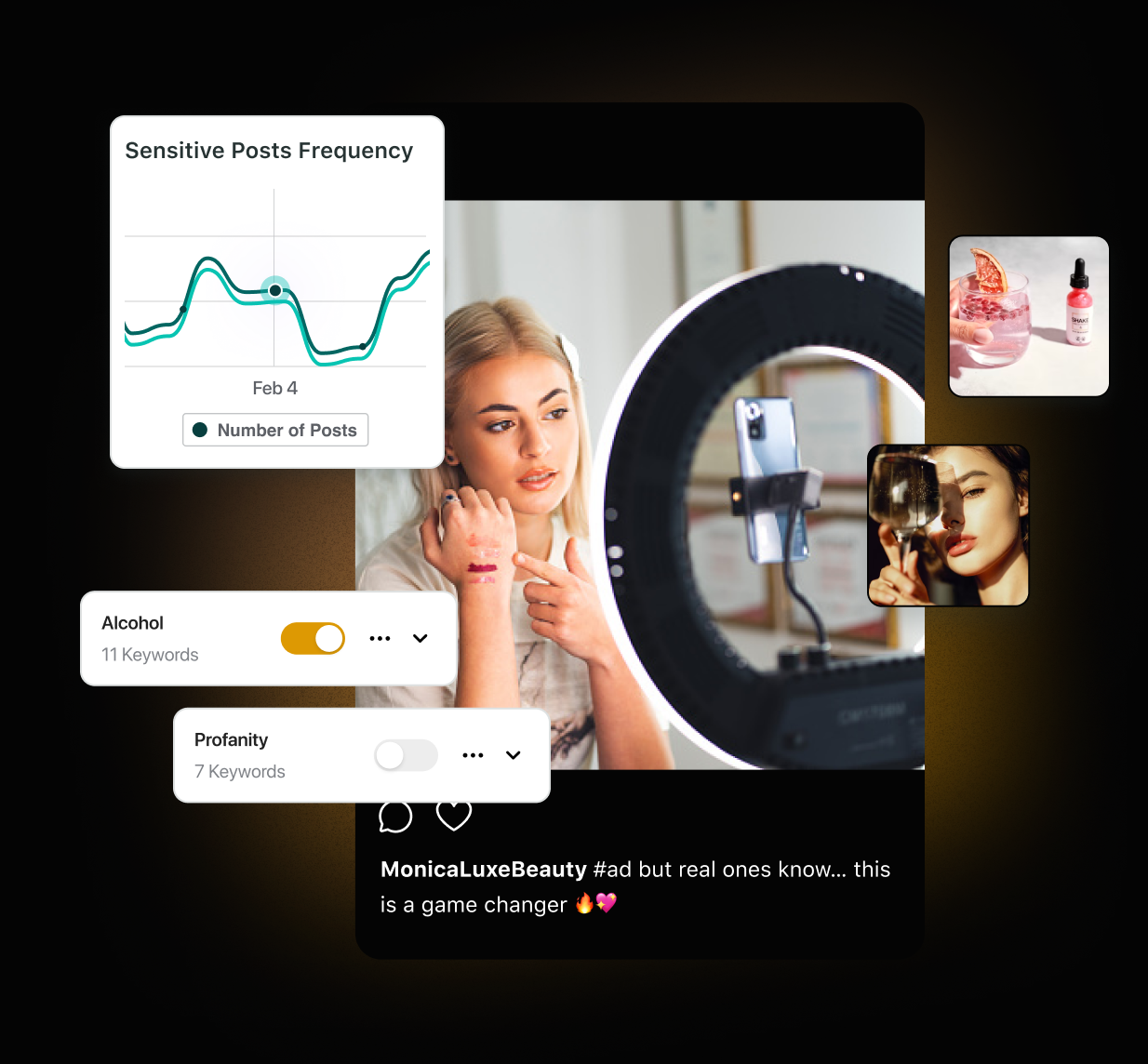 Immagine della piattaforma Sprout Social Influencer Marketing che visualizza un post sui social media. Il contenuto mostra una donna che registra un video, un grafico “Frequenza dei contenuti sensibili” e controlli per filtrare contenuti relativi ad “Alcol” e “Linguaggio offensivo”.