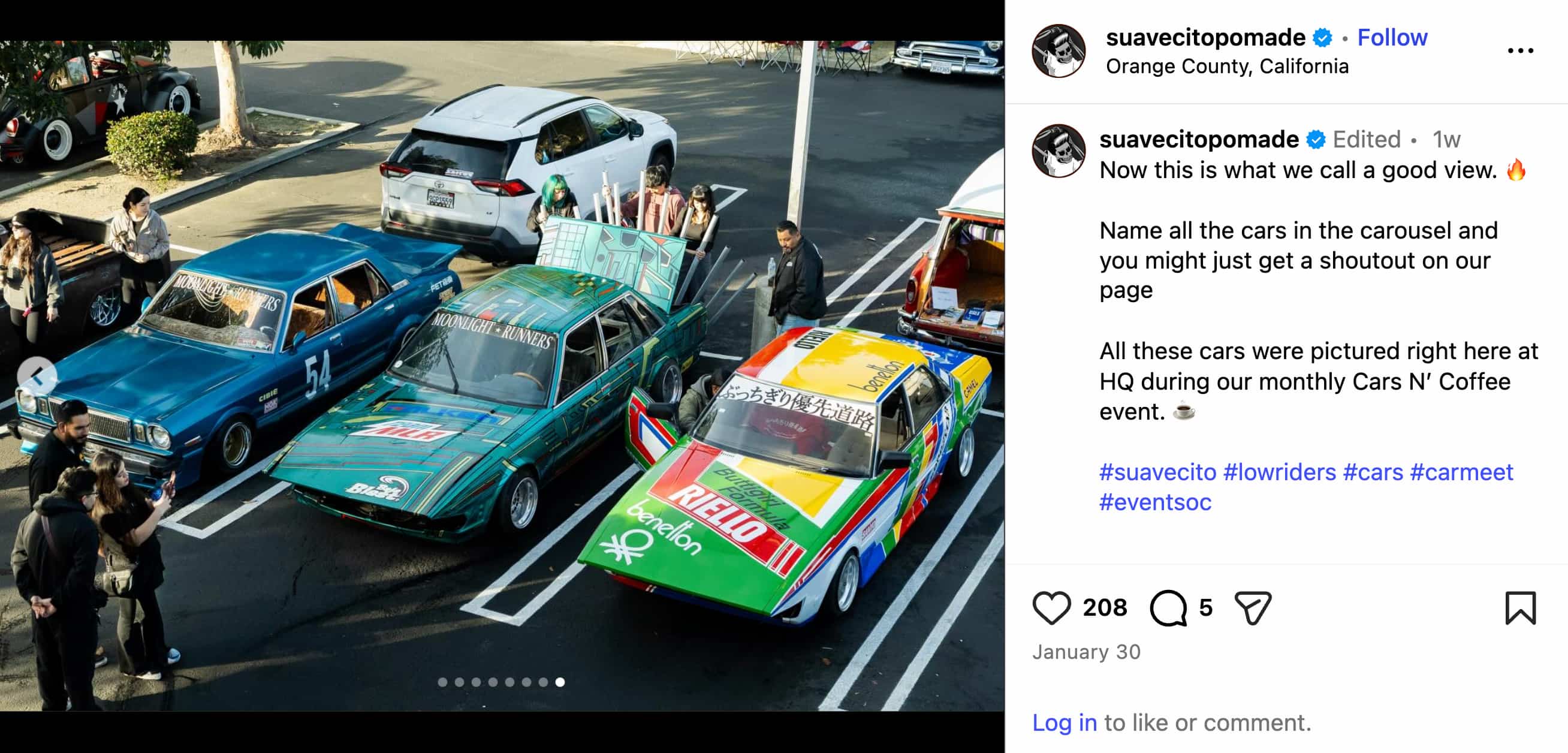 Instagram post carousel from the brand Sauvecito Pomade showing off a bunch of cars that were part of their monthly event called Cars N' Coffee