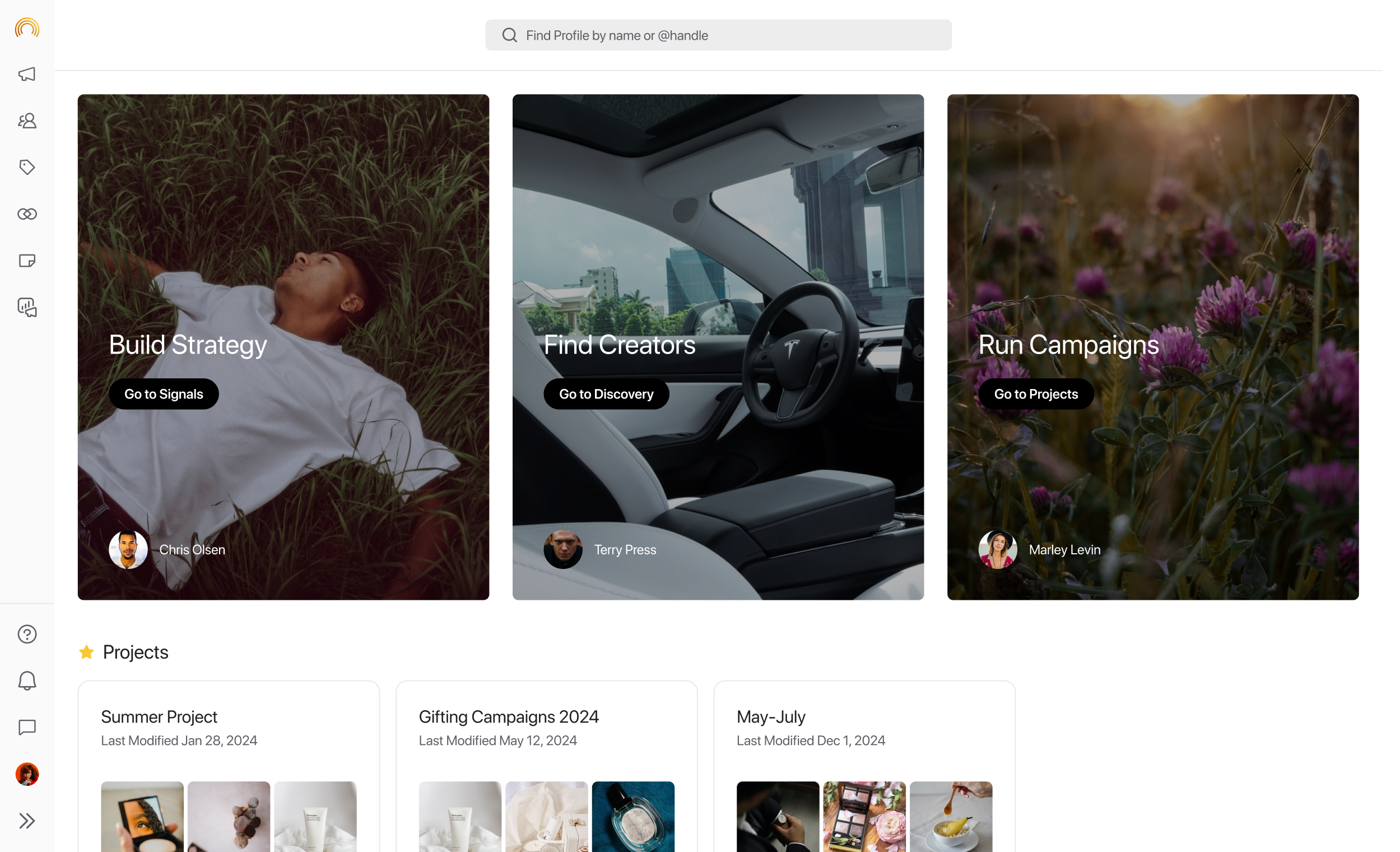 Sprout Social Influencer Marketing dashboard with options to build a strategy, find creators or run campaigns.