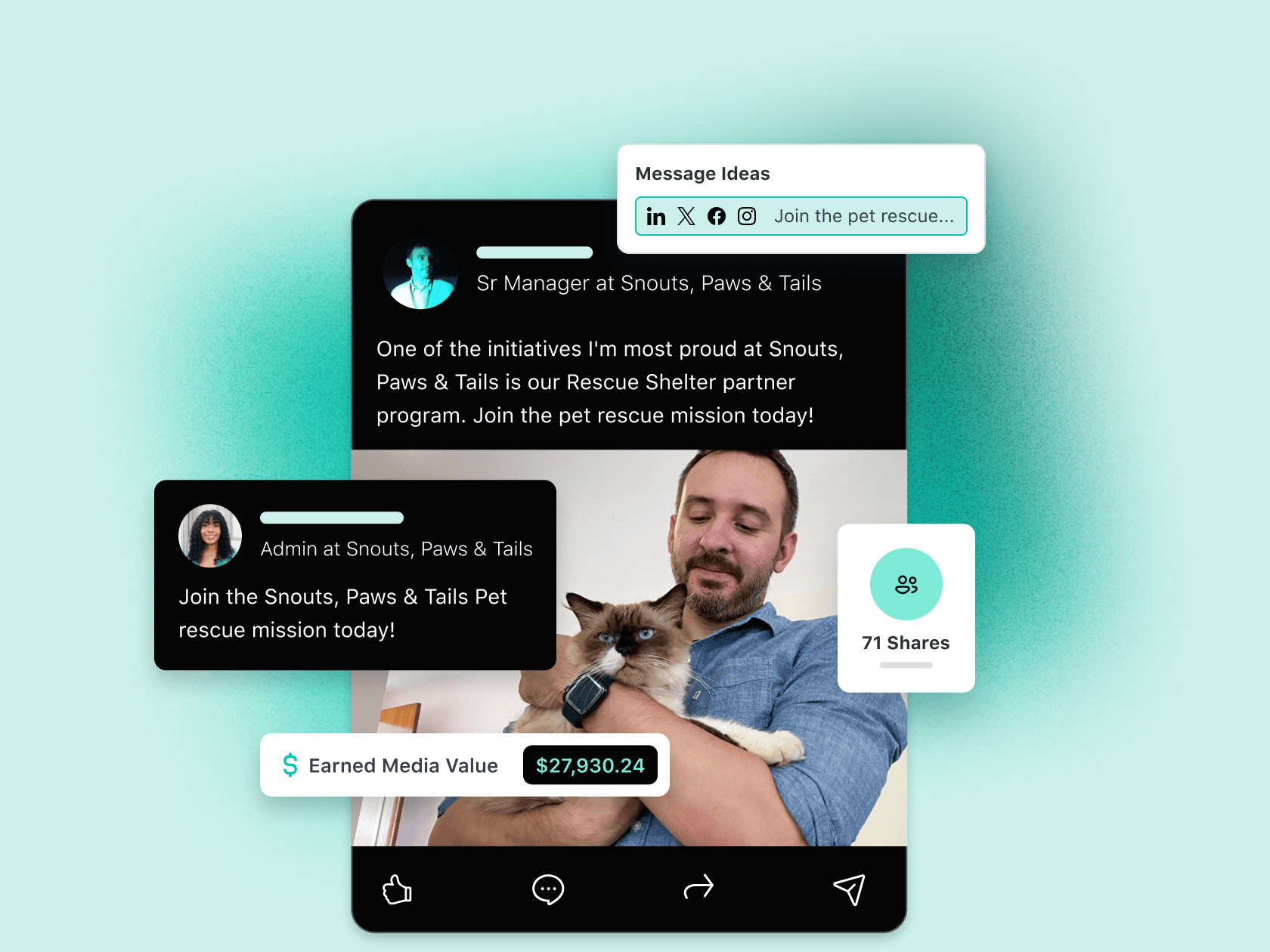 Social-Media-Post von Snouts, Paws & Tails, der eine philanthropische Initiative bewirbt, mit Produkt-UI, die den Earned Media Value, die Anzahl der Shares und vorgeschlagene Nachrichtenideen für fortlaufende Werbung anzeigt.