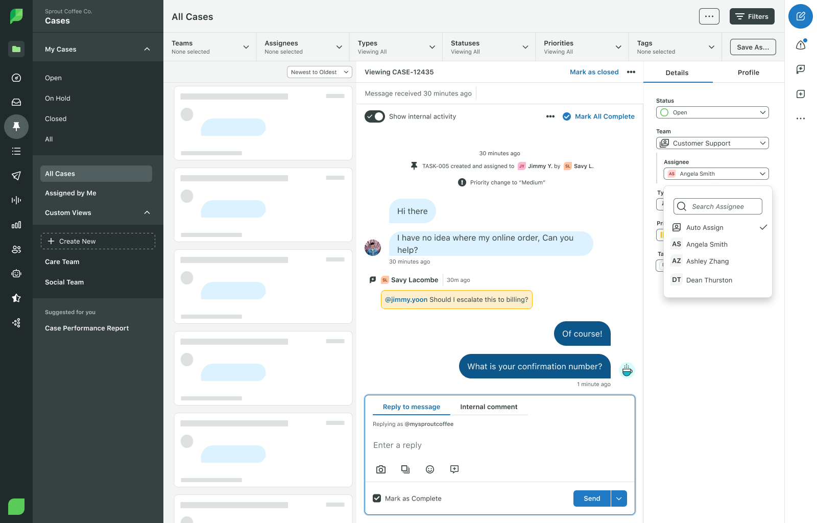 UI screen of Sprout Social's Customer Care interface messaging customers and assigning issues to team members